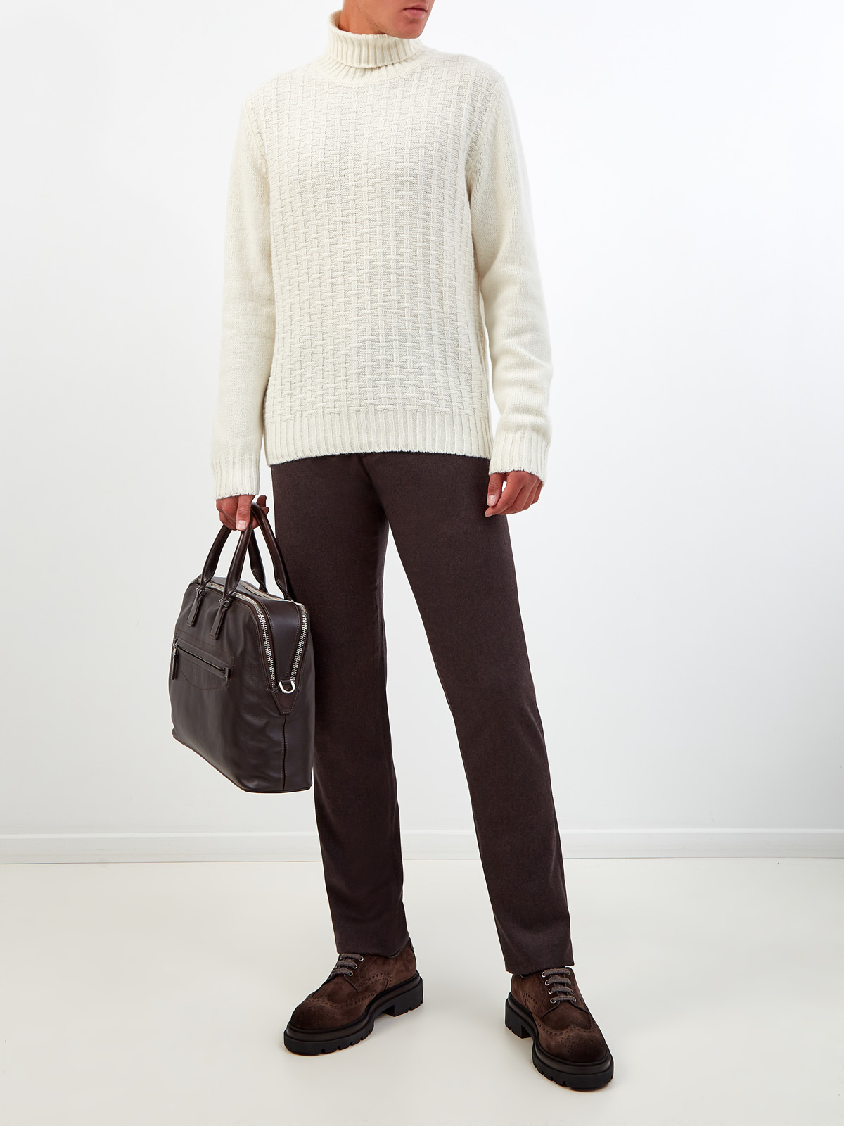 Шерстяные брюки в стиле casual с отделкой из замши CANALI, цвет коричневый, размер 48;50;52;54 - фото 2