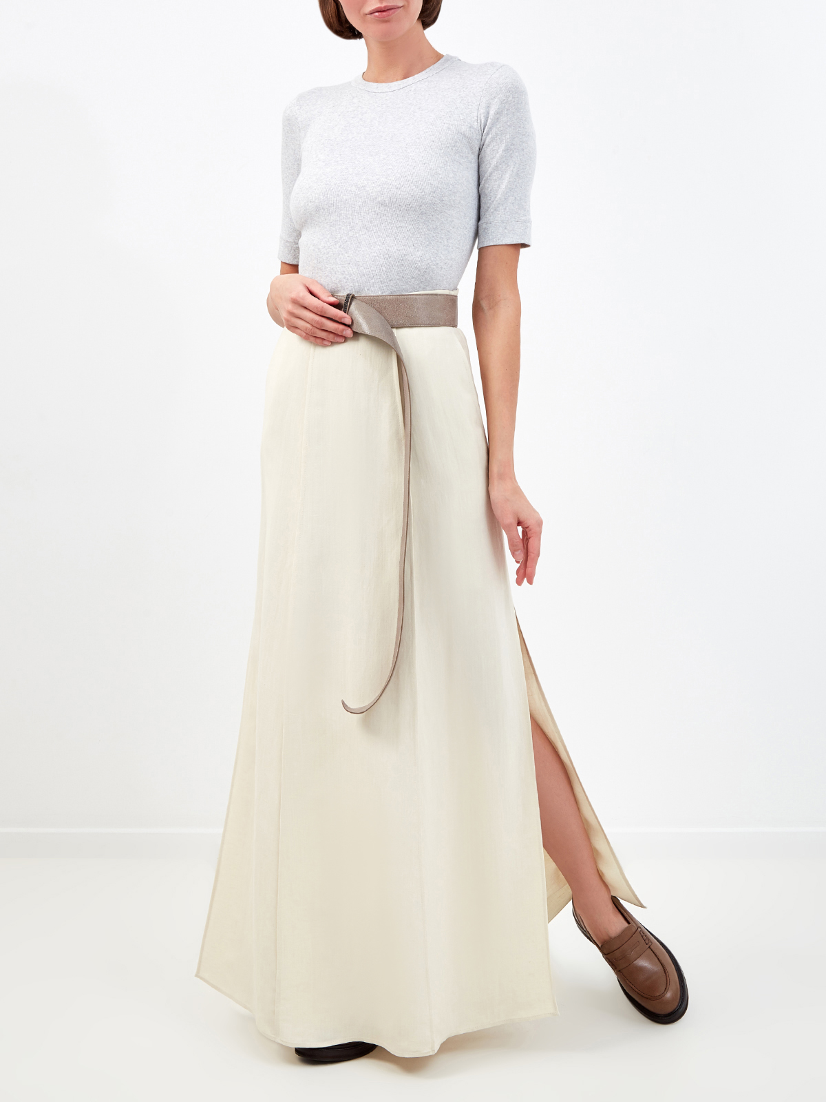 Однотонная юбка Long Minimal из легкого твила Fluid BRUNELLO CUCINELLI, цвет бежевый, размер 38;42;44;40 - фото 2