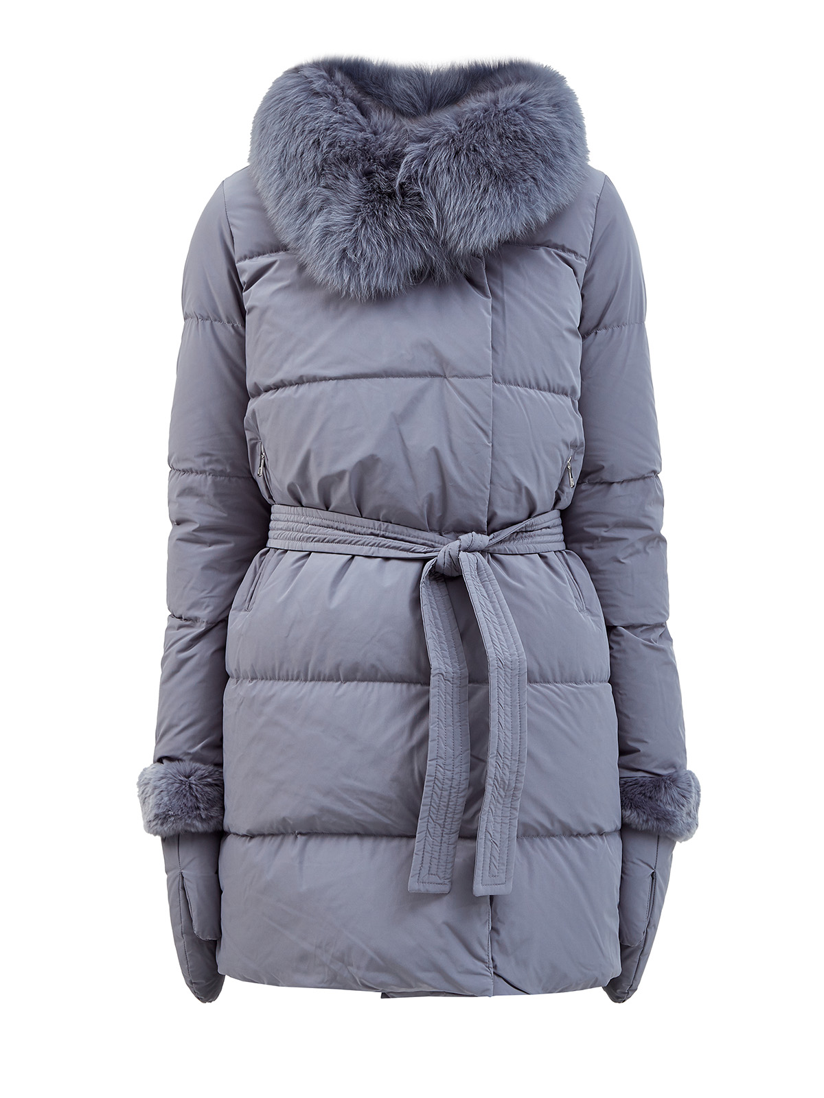 

Утепленный мехом пуховик с варежками и поясом, Синий, Утепленный мехом пуховик с варежками и поясом