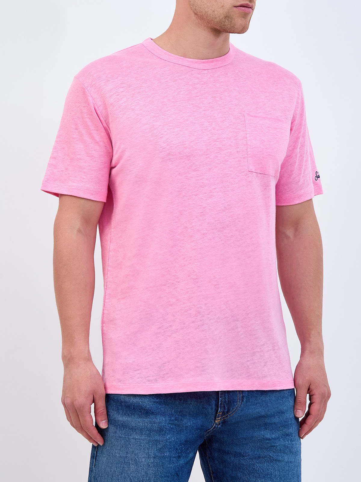 Футболка из меланжевой льняной ткани с карманом и вышивкой MC2 SAINT BARTH, цвет розовый, размер M;L;XL;2XL - фото 3