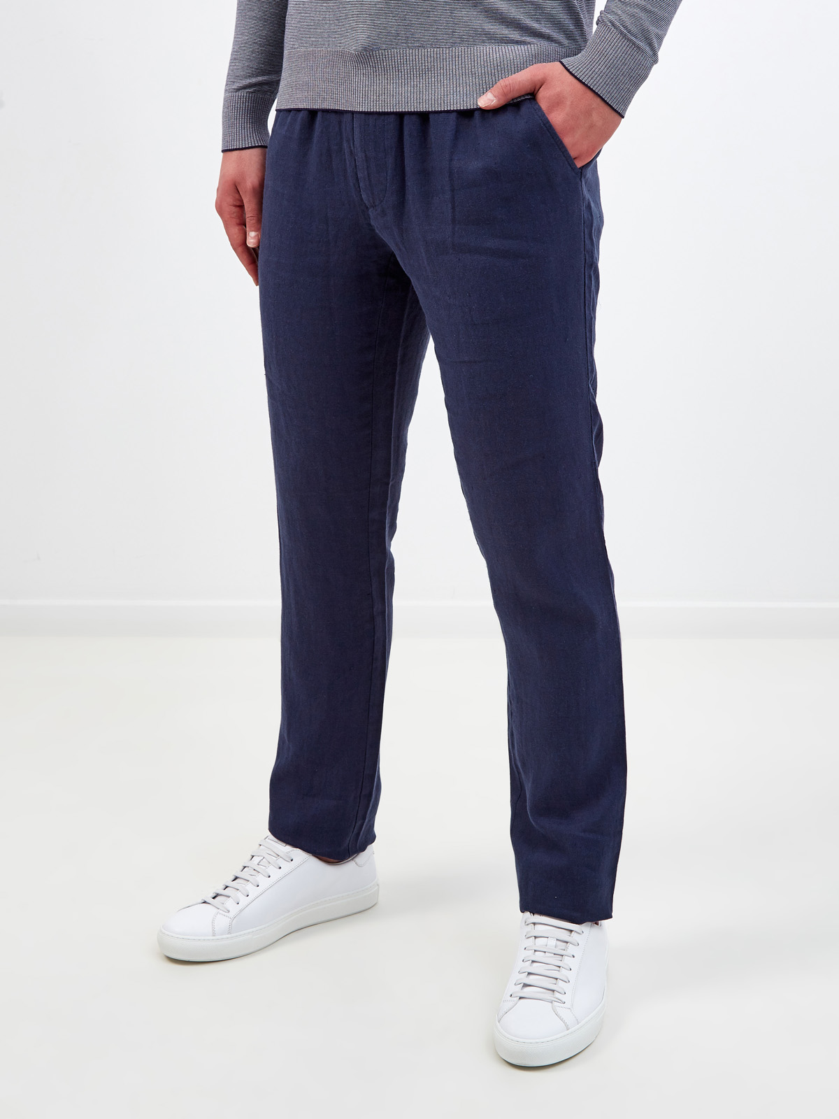 Льняные брюки с эластичным поясом и логотипом в тон CUDGI, цвет синий, размер XL;L - фото 3