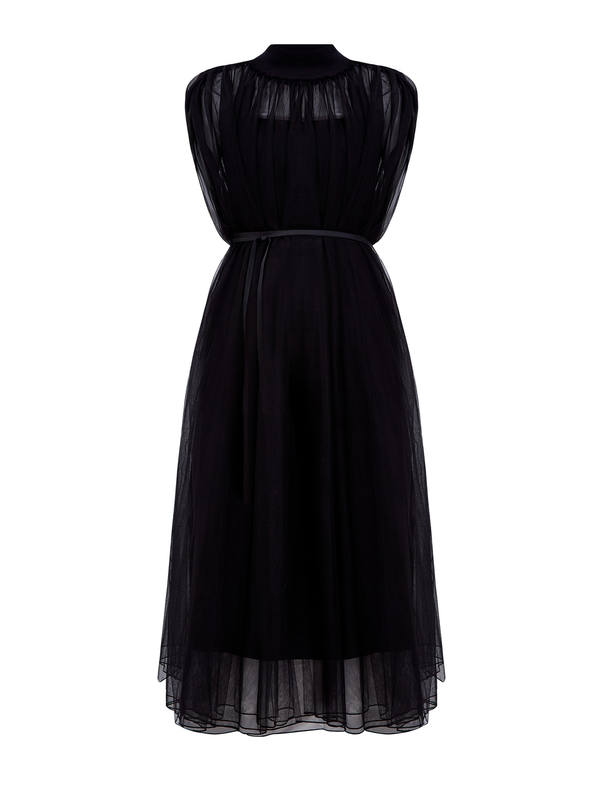 

Платье-плиссе из тюля с поясом и трикотажным воротом, Черный, Платье-плиссе из тюля с поясом и трикотажным воротом