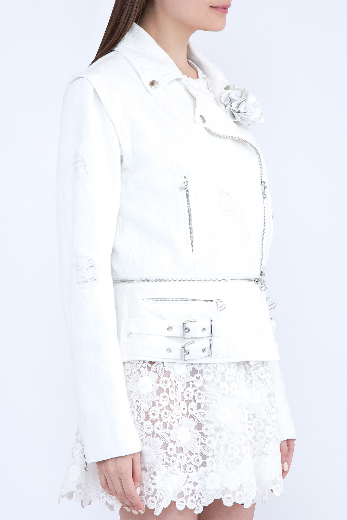 Хлопковая байкерская куртка-трансформер с брошью ERMANNO SCERVINO, цвет белый, размер 44;46 - фото 3