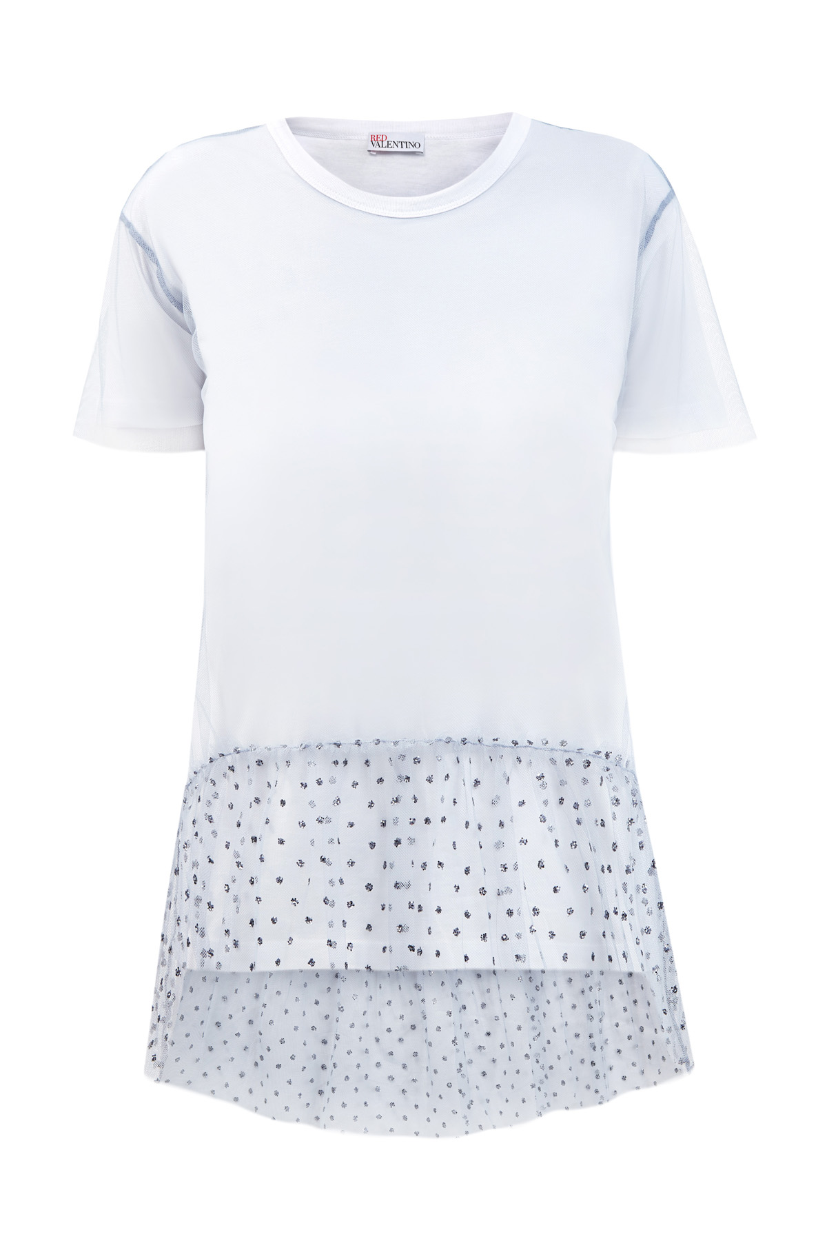 Удлиненная футболка с декорированной стразами вуалью REDVALENTINO, цвет белый, размер L;M - фото 1
