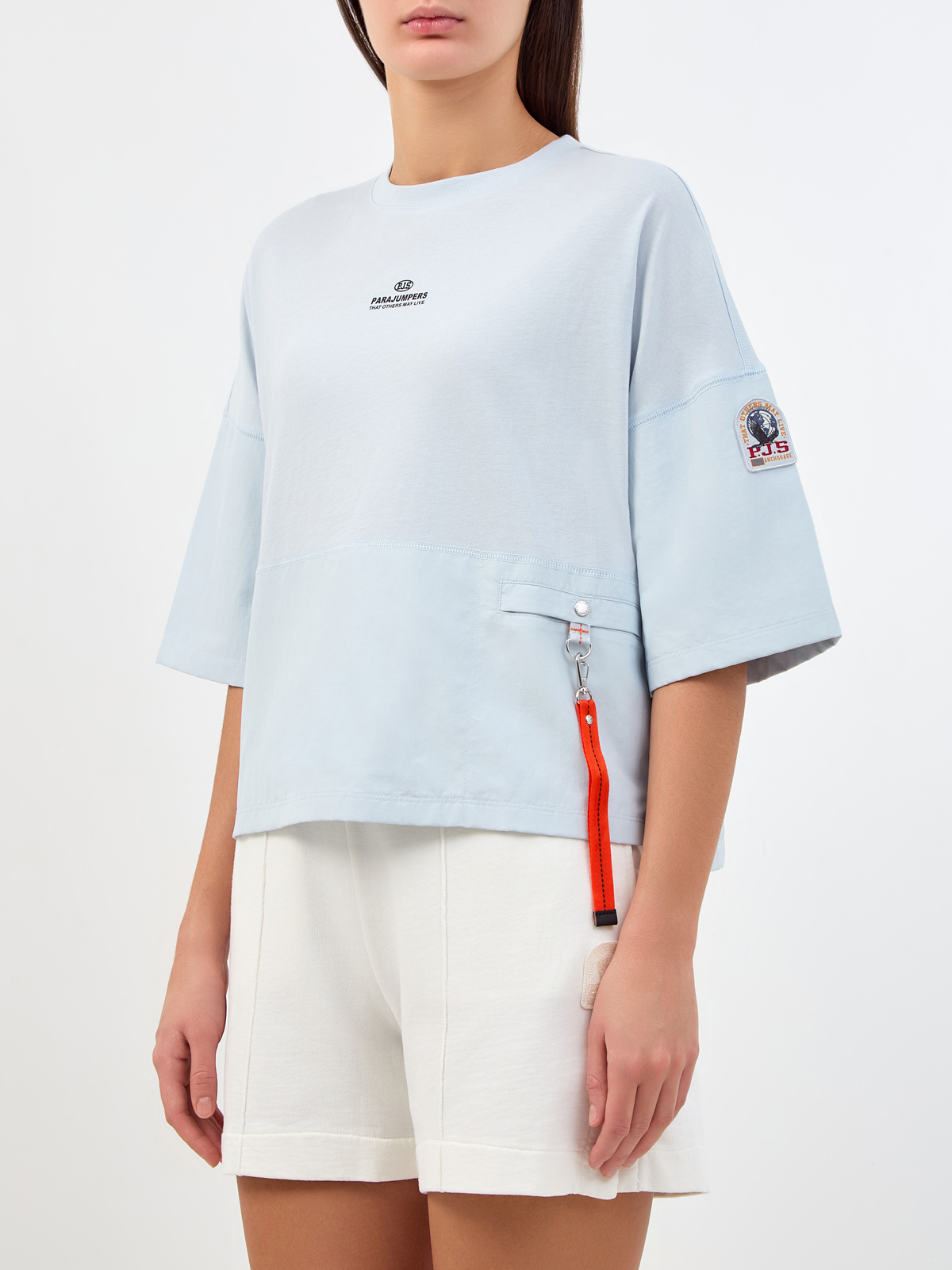 Свободная футболка из хлопка джерси и матового нейлона с брелоком PARAJUMPERS, цвет голубой, размер XS;S;M - фото 3