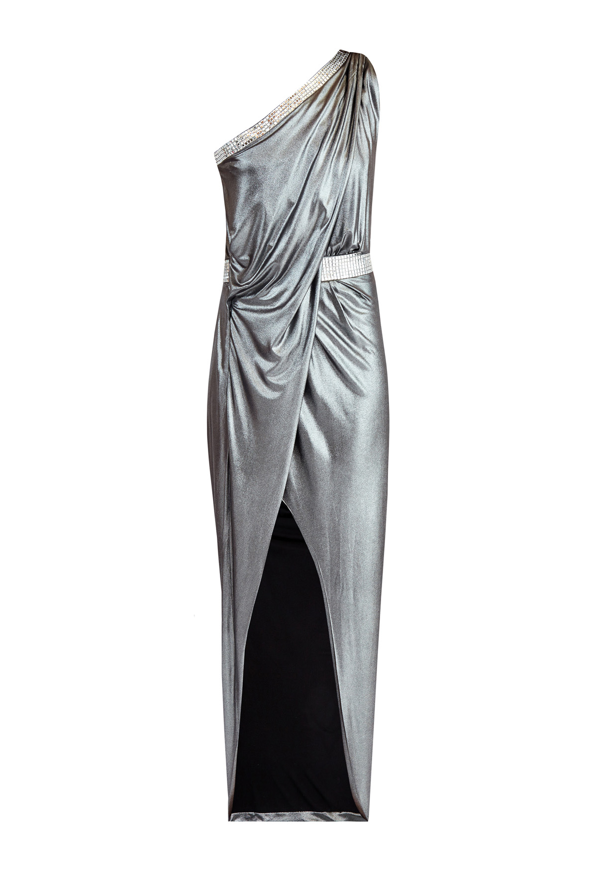 Асимметричное платье-макси с выполненной вручную зеркальной отделкой BALMAIN, цвет серебристый, размер 38 - фото 1