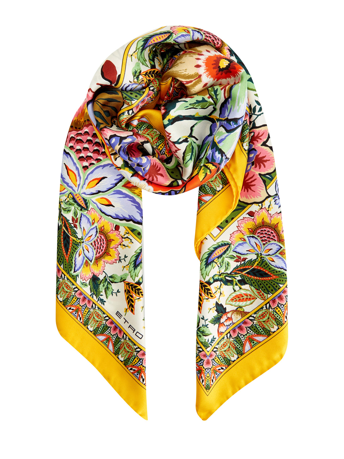 Шелковый платок с набивным флористическим паттерном ETRO, цвет желтый, размер 40;42;44