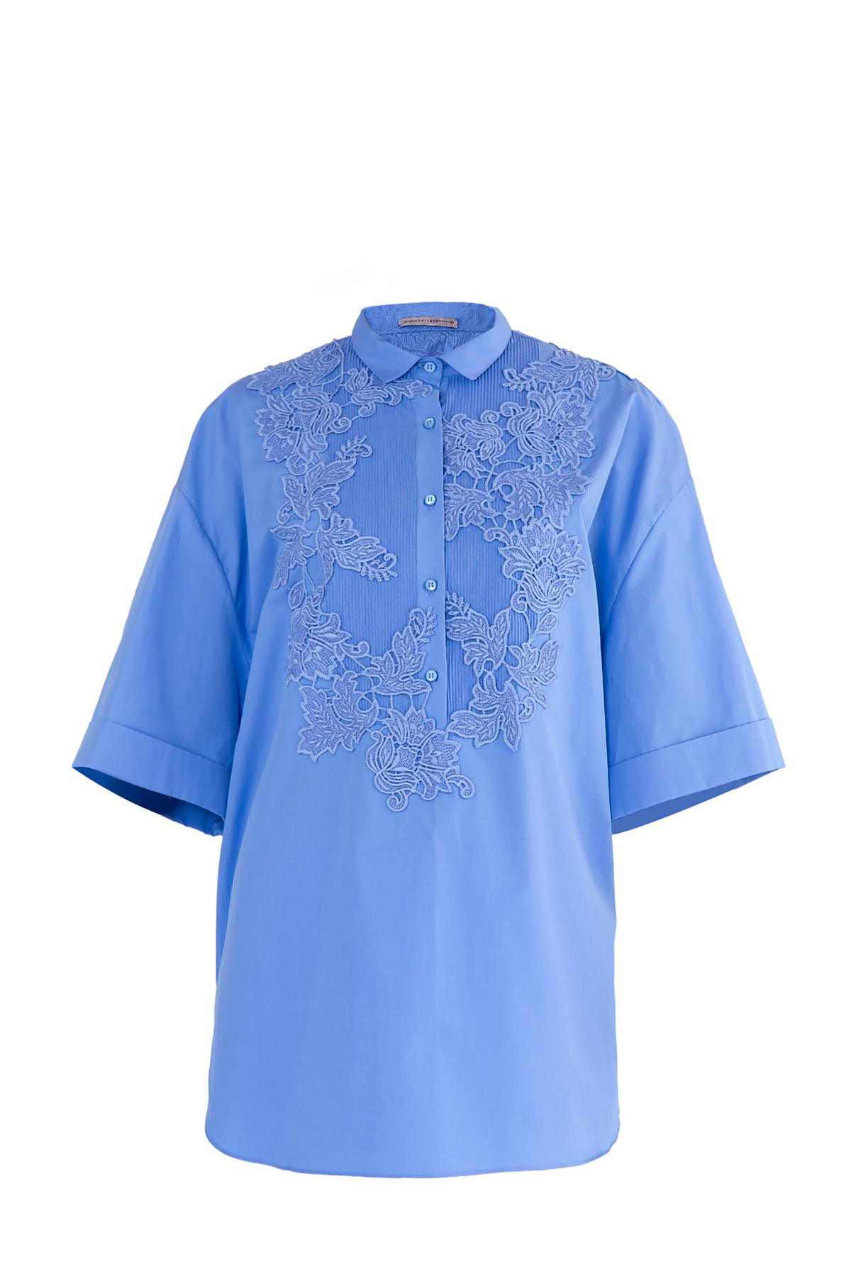 Oversize-блуза с плиссированной вставкой и кружевной отделкой ERMANNO SCERVINO, цвет голубой, размер 48 - фото 1
