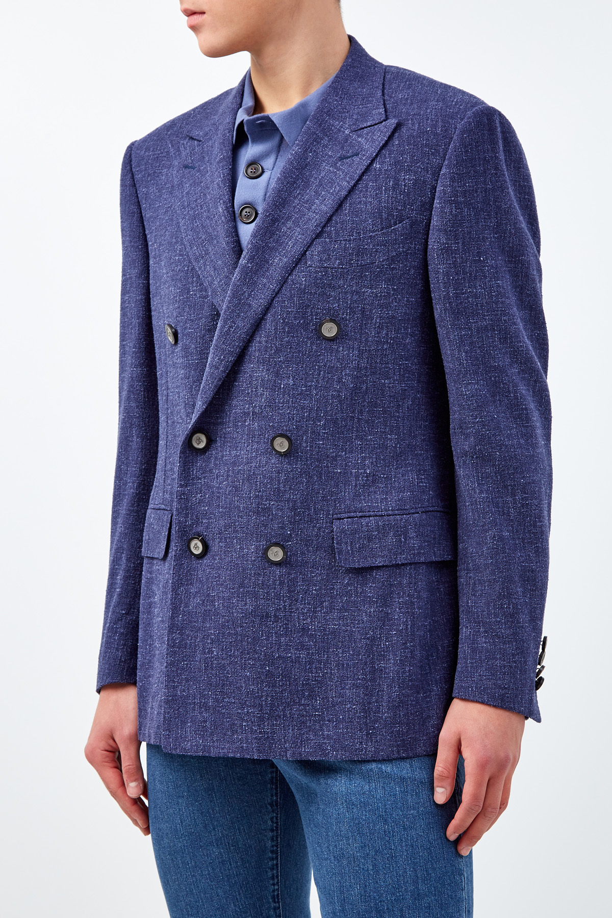 Двубортный пиджак из шерсти и льна с фигурными лацканами CANALI, цвет синий, размер 48;50;54 - фото 3