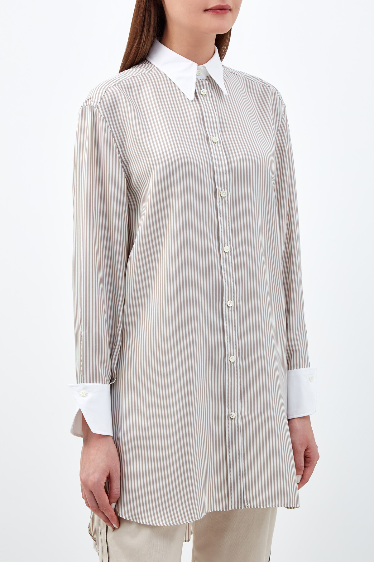 Шелковая рубашка-oversize с запонками из гематита BRUNELLO CUCINELLI, цвет бежевый, размер 48;38 - фото 3