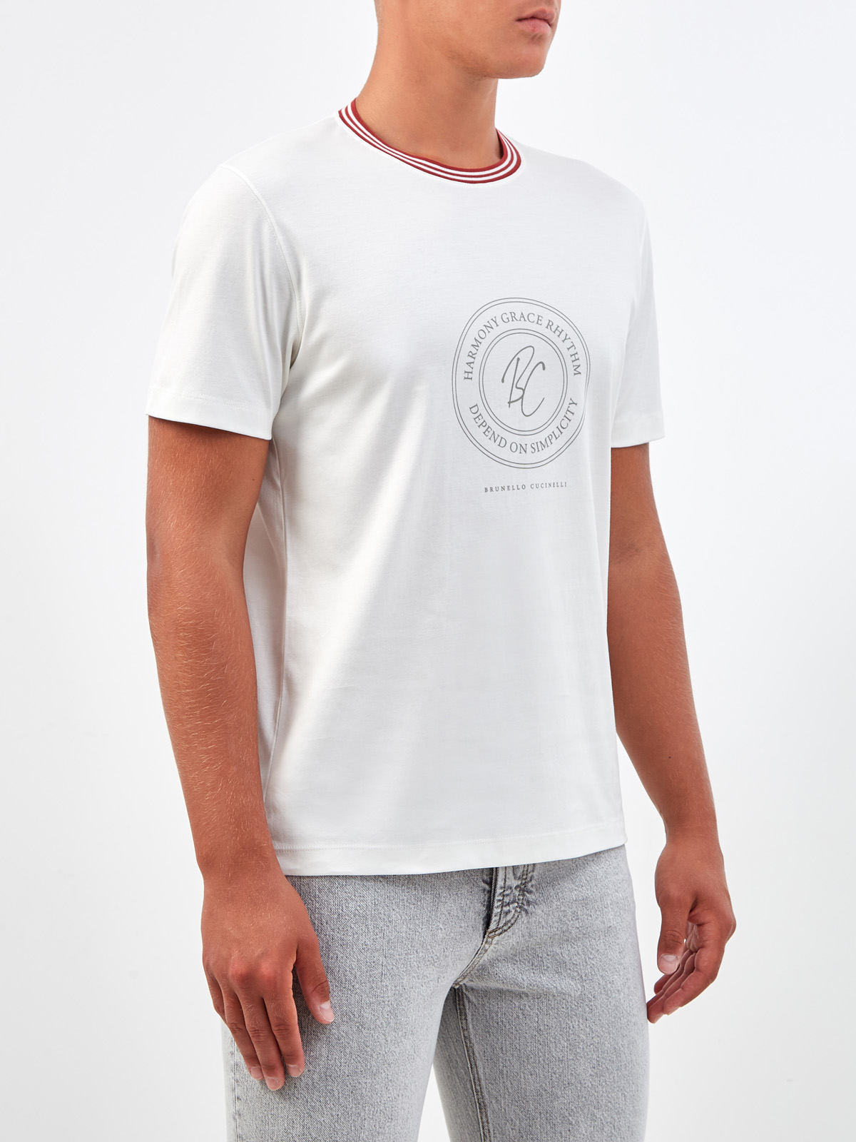 Хлопковая футболка с принтом и контрастной отделкой в полоску BRUNELLO CUCINELLI, цвет белый, размер 52;56;58;48 - фото 3