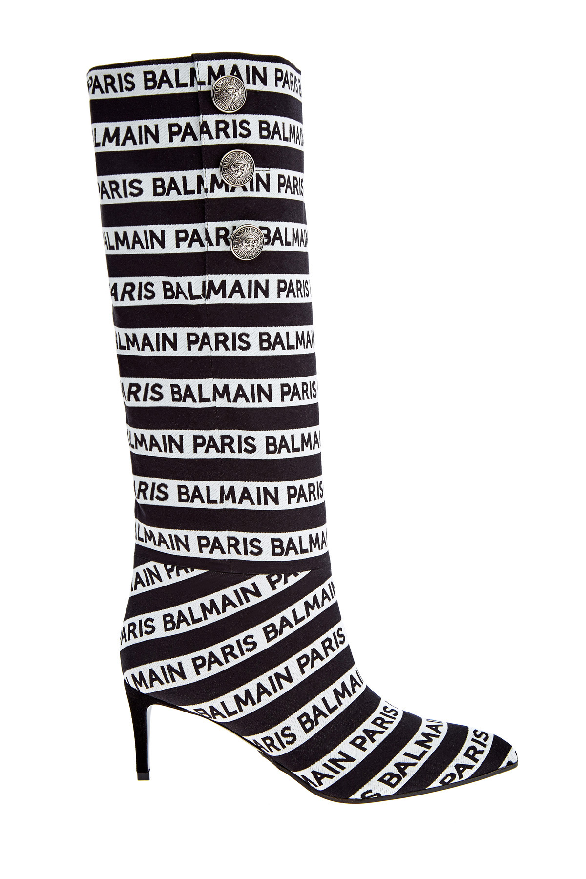 Сапоги из кожи с текстильной поверхностью и каблуком kitten-heel BALMAIN, цвет черно-белый, размер 38;38.5;39