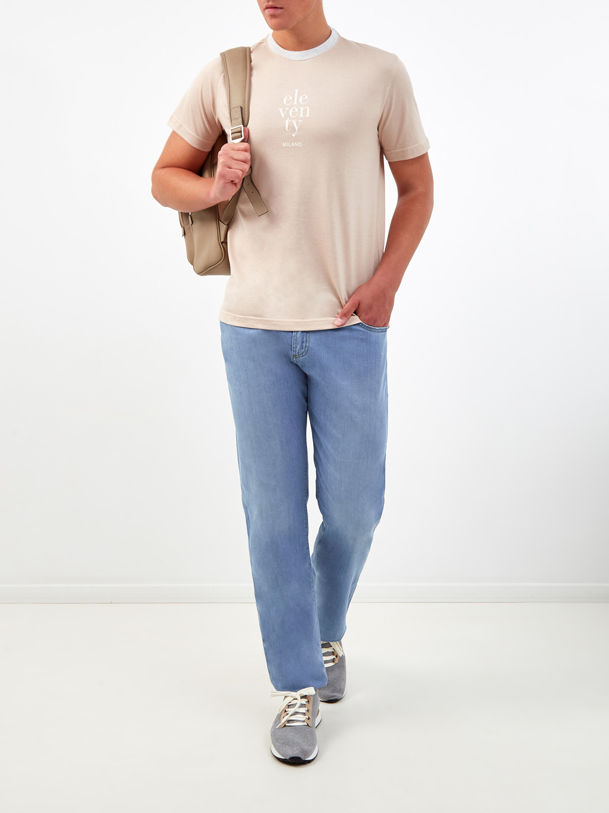 Хлопковая футболка с минималистичным принтом и окантовкой ELEVENTY, цвет бежевый, размер 48;50;52;56 - фото 2