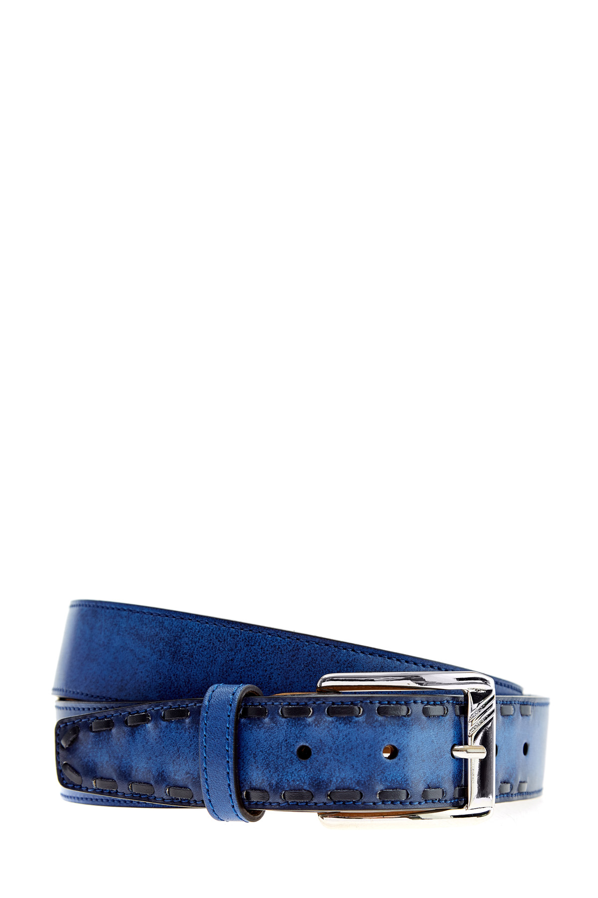 Ремень из окрашенной вручную кожи со стеганой отделкой MORESCHI, цвет синий, размер 48