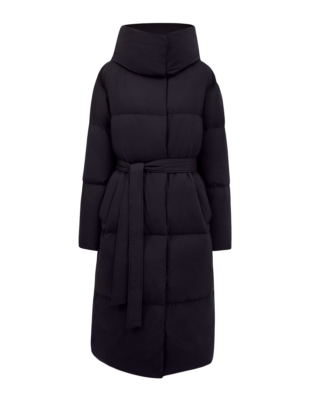 

Удлиненный пуховик из влагозащитного нейлона с поясом в тон, Черный, Удлиненный пуховик из влагозащитного нейлона с поясом в тон