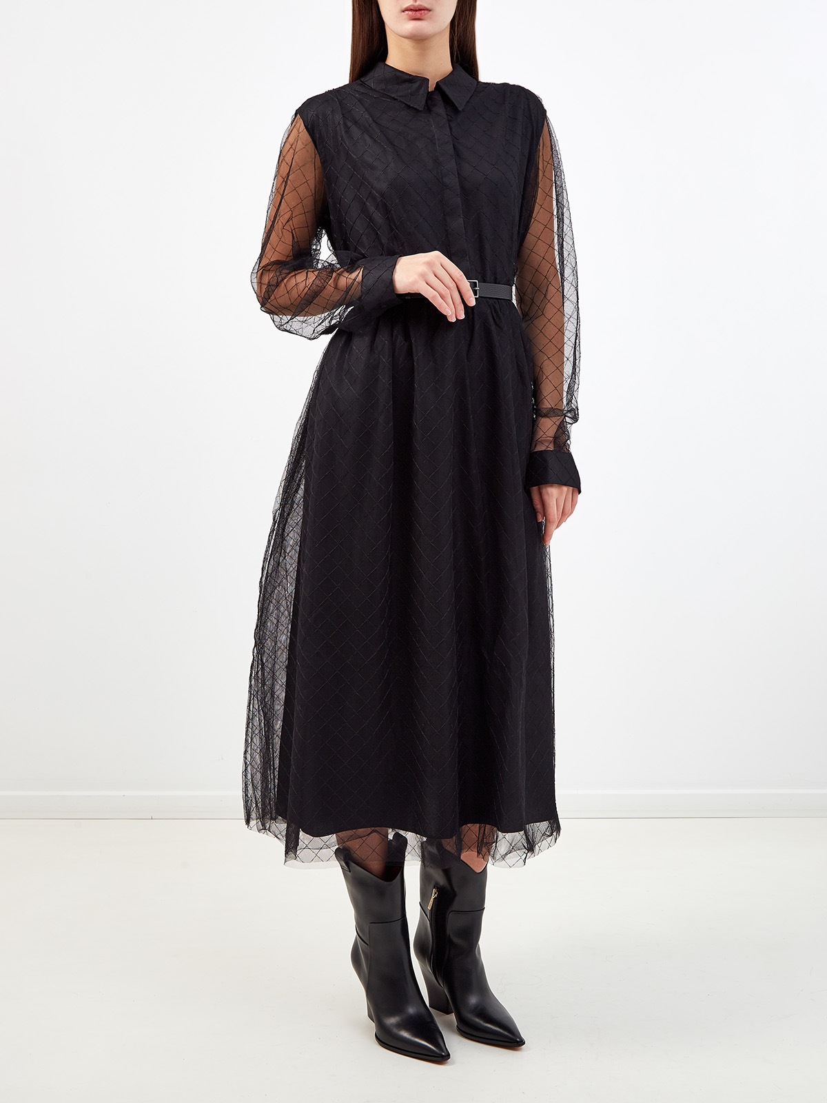 Двухслойное платье-шемизье из полупрозрачного тюля с поясом FABIANA FILIPPI, цвет черный, размер 46;44 - фото 3