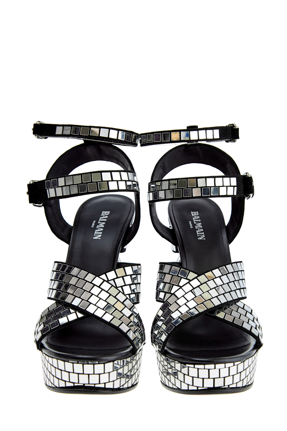 Босоножки с зеркальными пластинами и сферой Blazon на каблуке BALMAIN, цвет серебристый, размер 35;37 - фото 5
