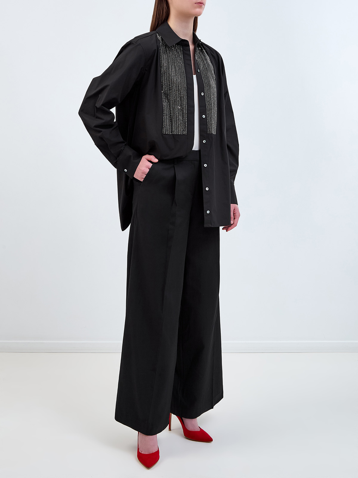 Широкие брюки из лиоцелла и хлопка с фактурными защипами KARL LAGERFELD, цвет черный, размер XS;S;M;L;XL - фото 2