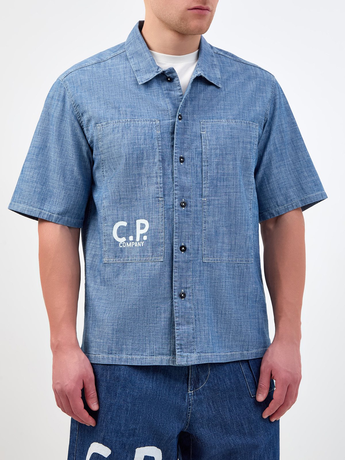 Рубашка из тонкого хлопкового денима Chambray с принтом C.P.COMPANY, цвет голубой, размер M;L;XL - фото 3