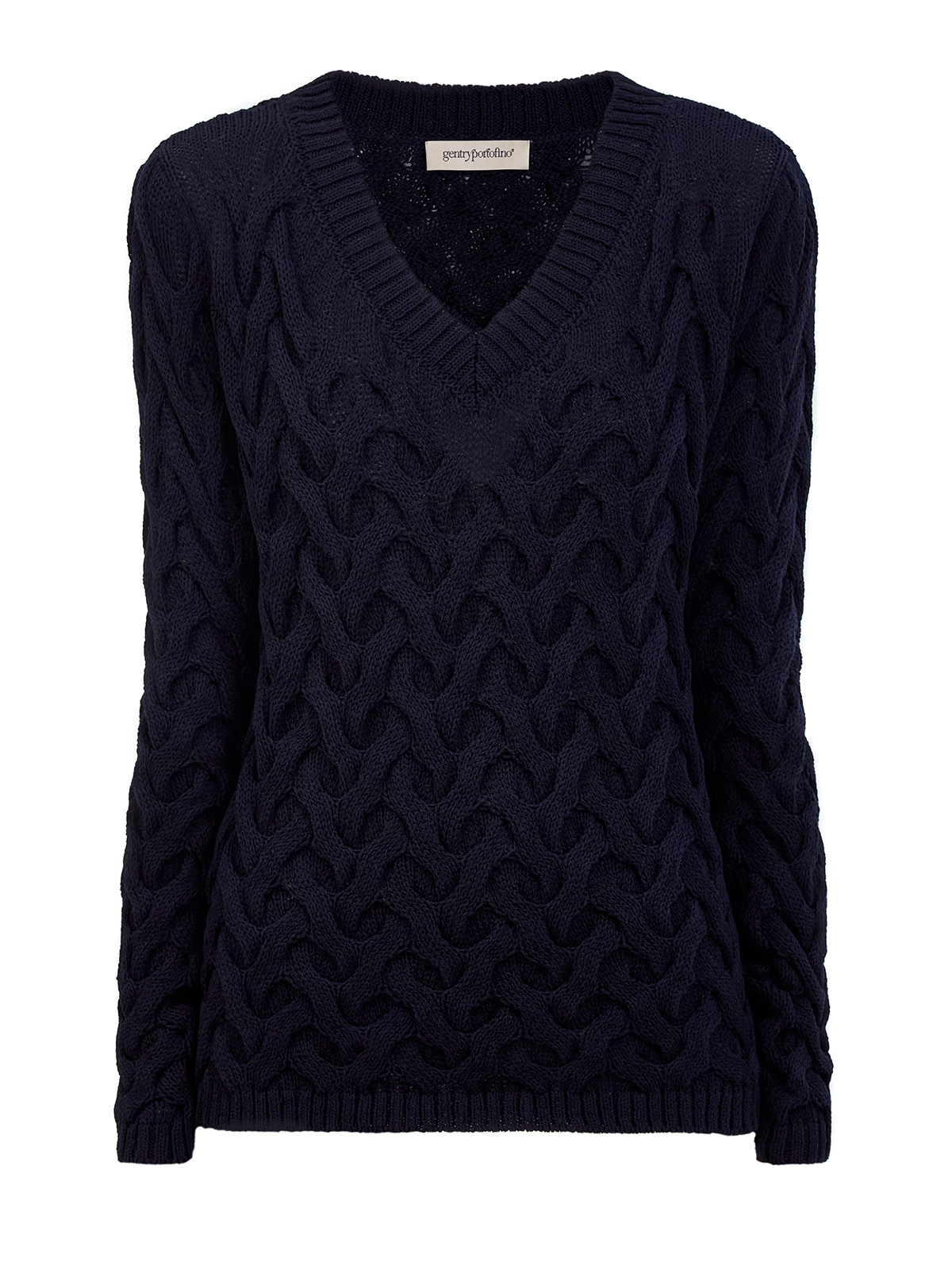 

Пуловер узорной вязки из хлопка с V-образным вырезом, Синий, Пуловер узорной вязки из хлопка с V-образным вырезом