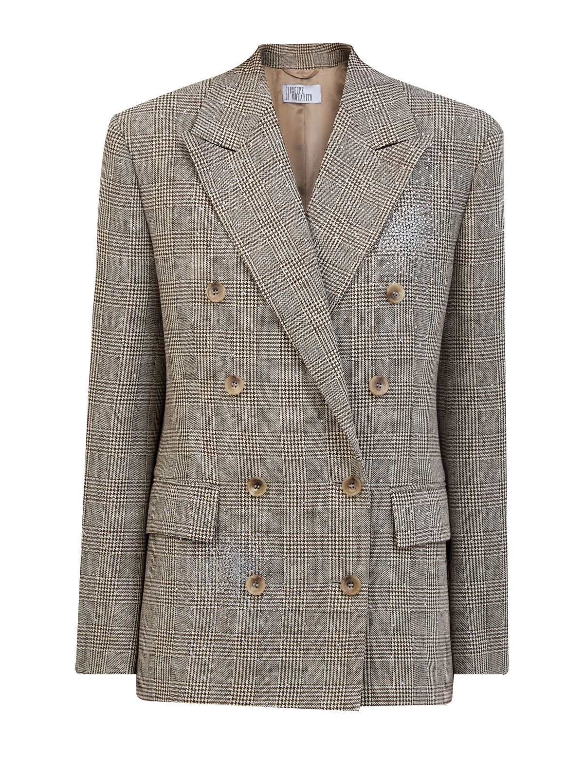 

Двубортный жакет ручной работы в клетку с декором из стразов, Бежевый, Двубортный жакет ручной работы в клетку с декором из стразов