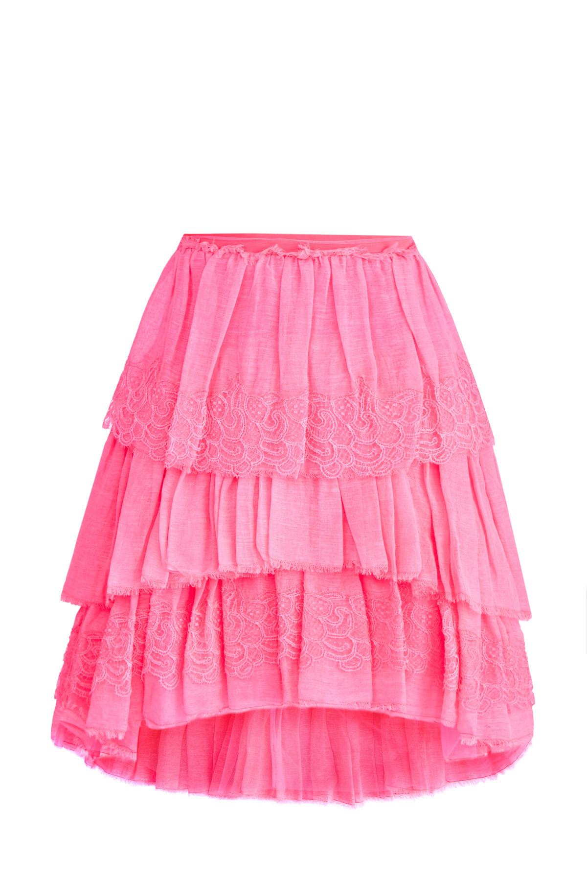 Ярусная юбка из хлопка и льна с отделкой кружевом ручной работы ERMANNO SCERVINO, цвет розовый, размер 40;42 - фото 1