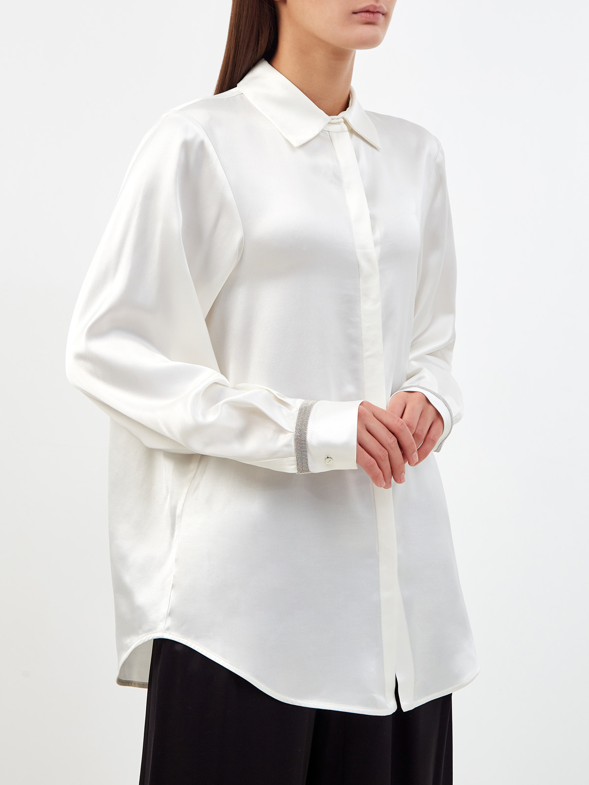 Шелковая рубашка удлиненного кроя с ювелирными цепочками FABIANA FILIPPI, цвет белый, размер 38;40;42;44;46 - фото 3