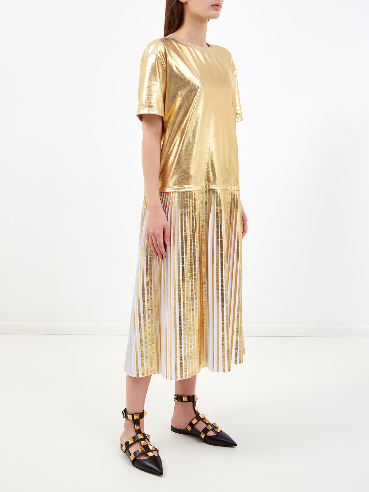 Платье из ламинированного джерси с подолом-плиссе VALENTINO, цвет золотистый, размер 42;44;40 - фото 3