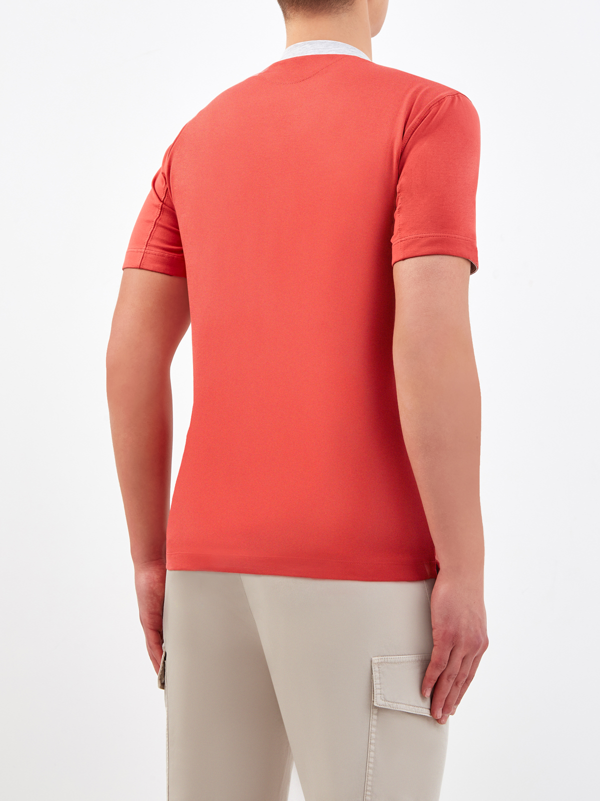 Хлопковая футболка с минималистичным принтом и контрастным кантом BRUNELLO CUCINELLI, цвет красный, размер 50;52;54;46 - фото 4