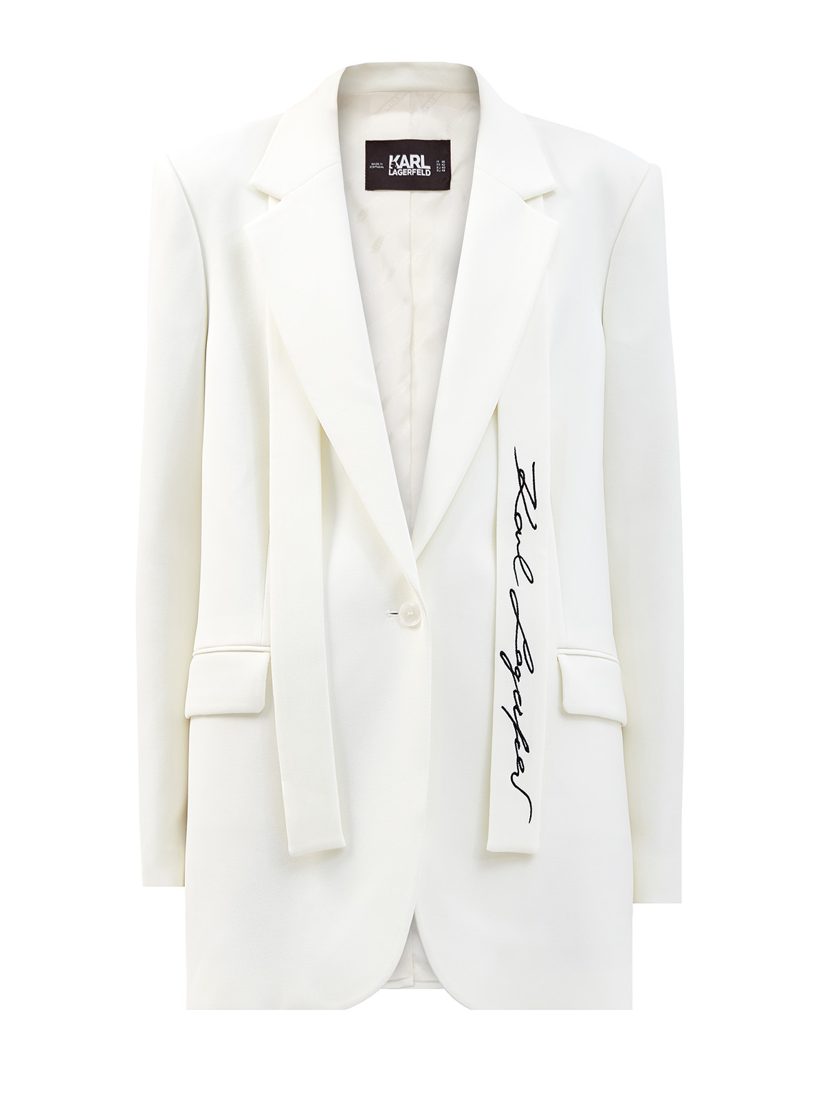 Блейзер в мужском стиле из саржи с поясом-галстуком KARL LAGERFELD, цвет белый, размер XL