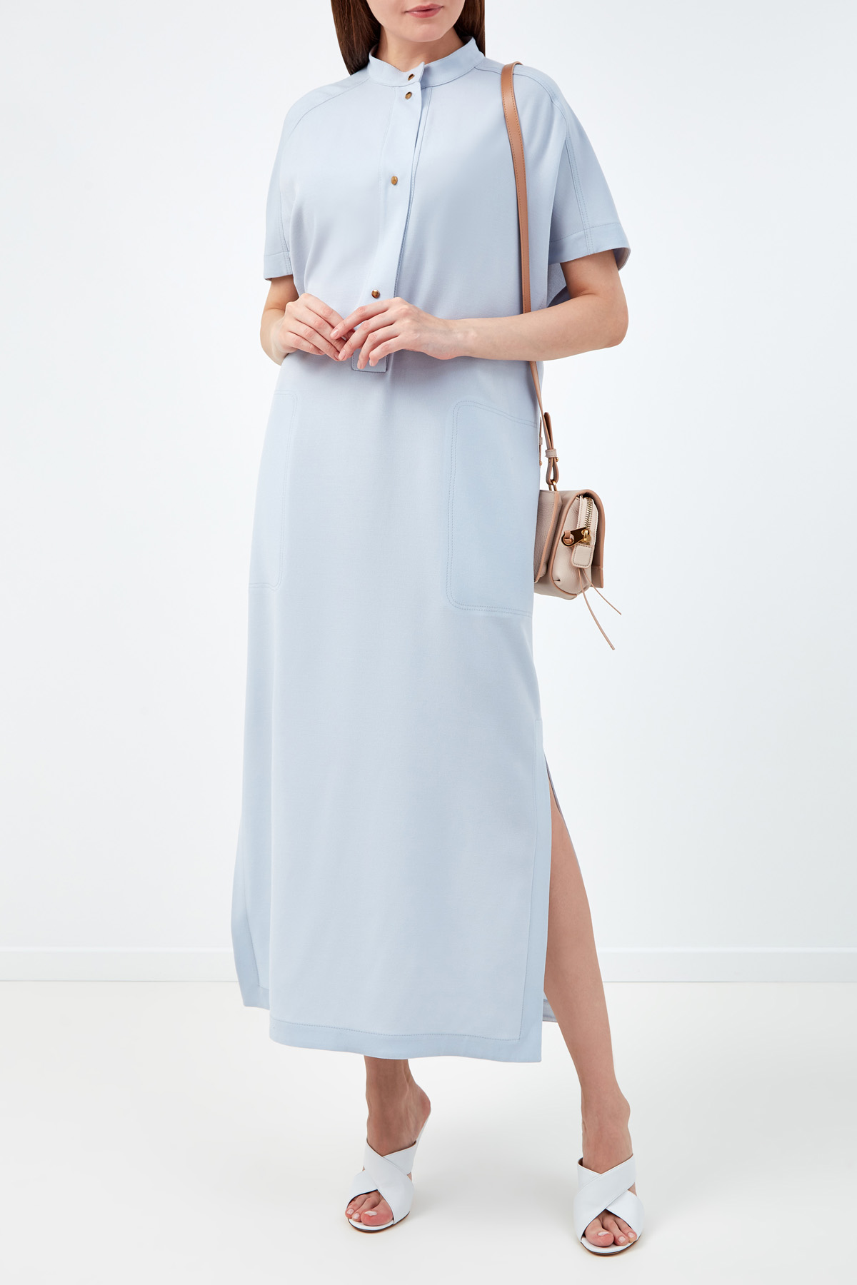 Платье-рубашка из шерстяной ткани с боковыми разрезами AGNONA, цвет голубой, размер 42;46;40 - фото 2