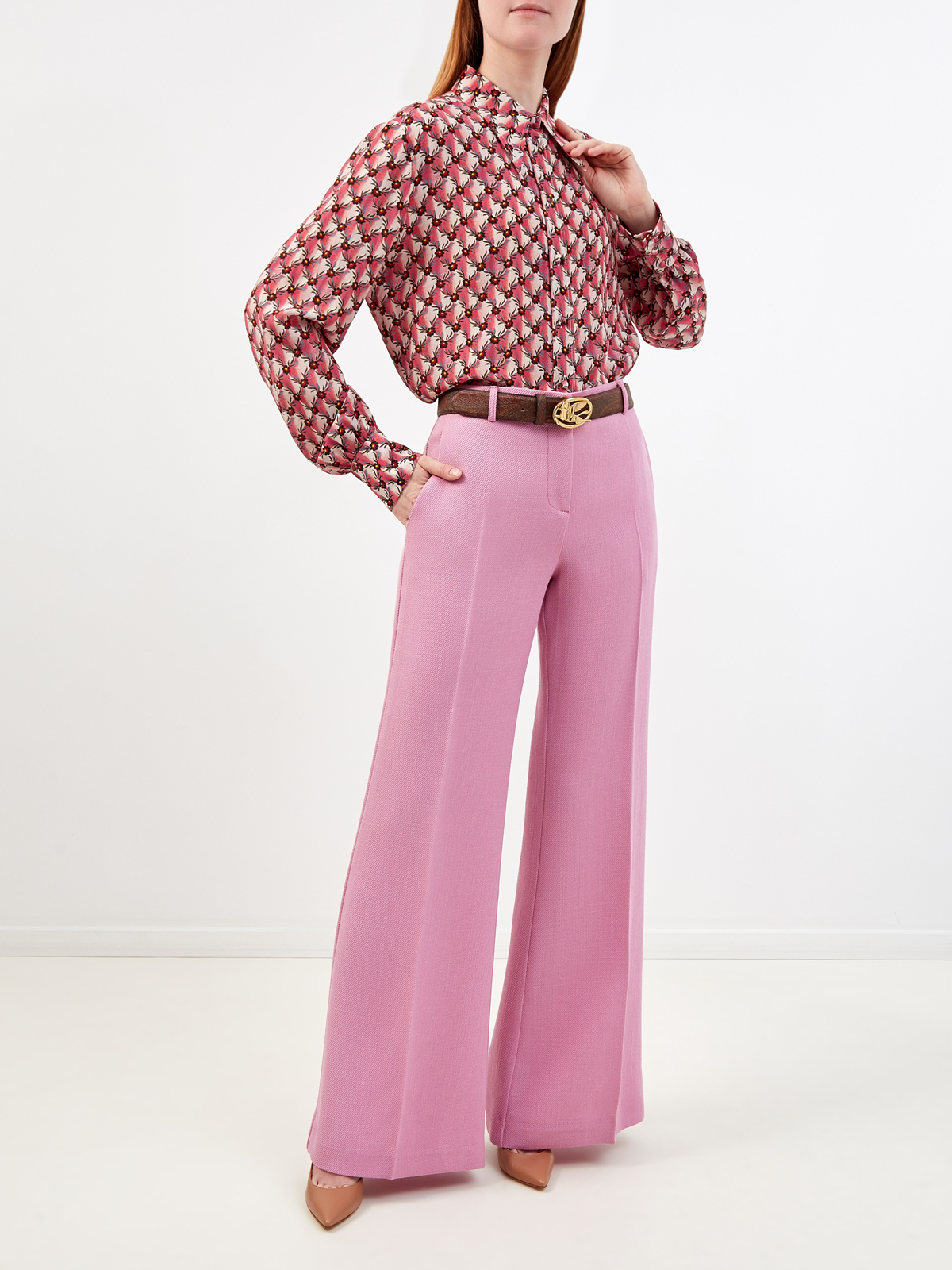 Блуза из струящегося шелка с объемными рукавами и принтом ETRO, цвет розовый, размер 40;42 - фото 2