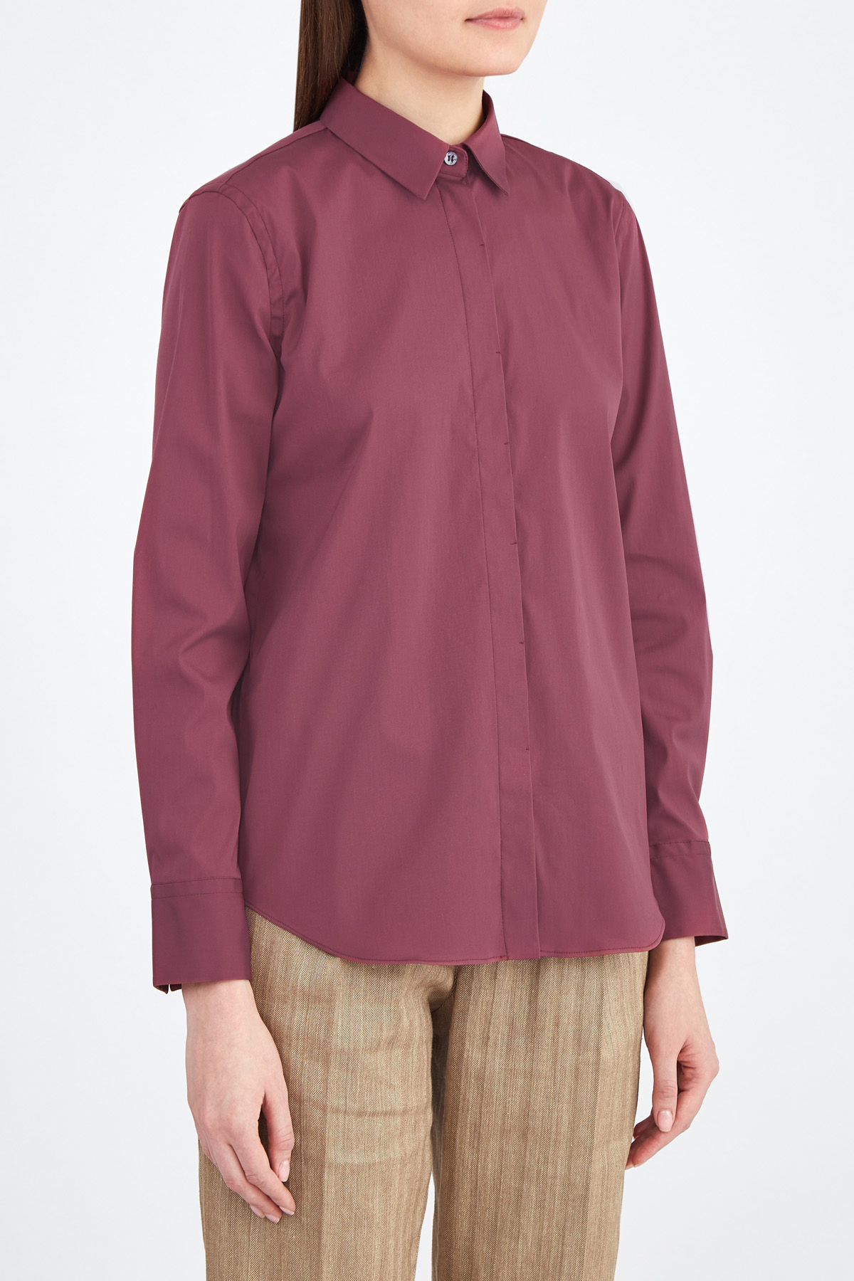 Классическая рубашка из хлопкового поплина с потайной застежкой BRUNELLO CUCINELLI, цвет бордовый, размер 38 - фото 3
