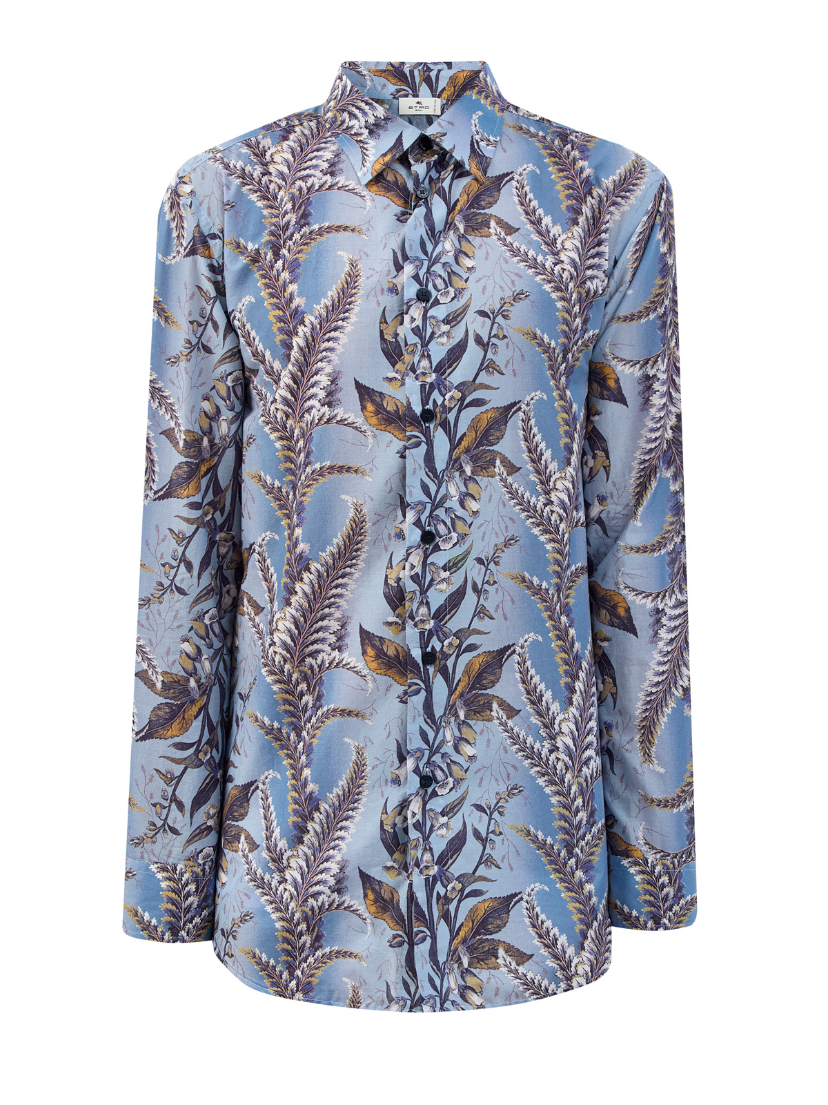 Рубашка из гладкого хлопкового поплина с флористическим принтом ETRO голубого цвета
