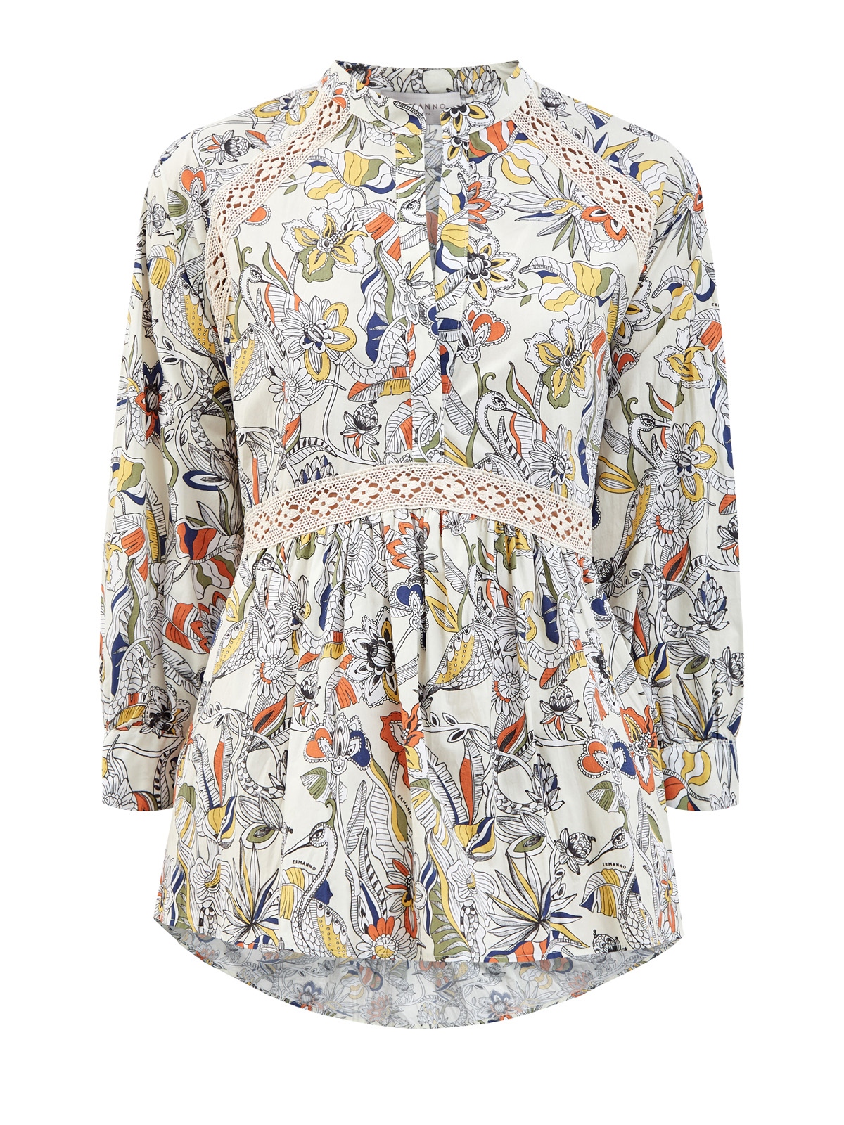 Блуза из дышащего хлопка с ажурным декором и принтом ERMANNO FIRENZE, цвет бежевый, размер 40;42;44;46;38 - фото 1