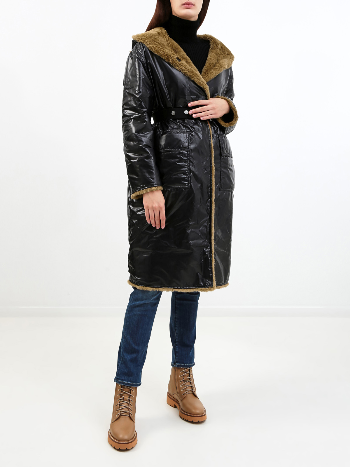 Двусторонняя куртка Actee из нейлона laqué и эко-меха MONCLER, цвет черный, размер 34;42;44;46 - фото 2