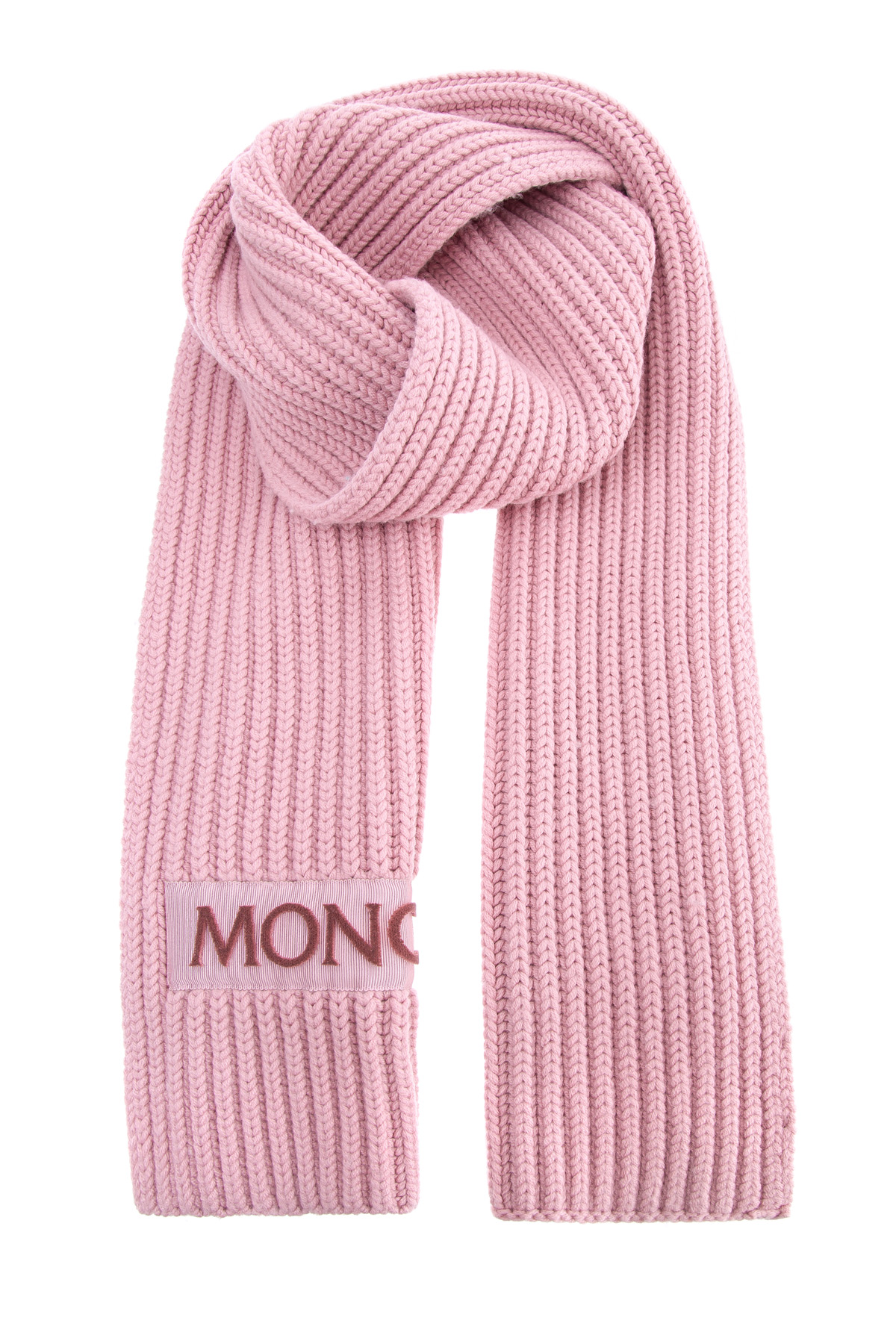 Шарф из шерсти в технике английской резинки с символикой бренда MONCLER, цвет розовый, размер 42;42.5;43.5