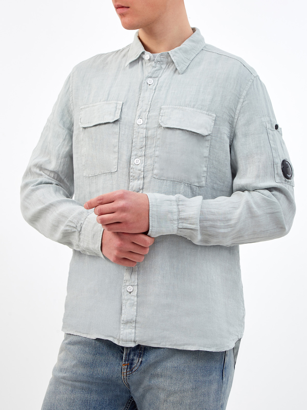 Рубашка из тонкого льна с накладными карманами и линзой C.P. C.P.COMPANY, цвет голубой, размер M;L;XL;2XL - фото 3