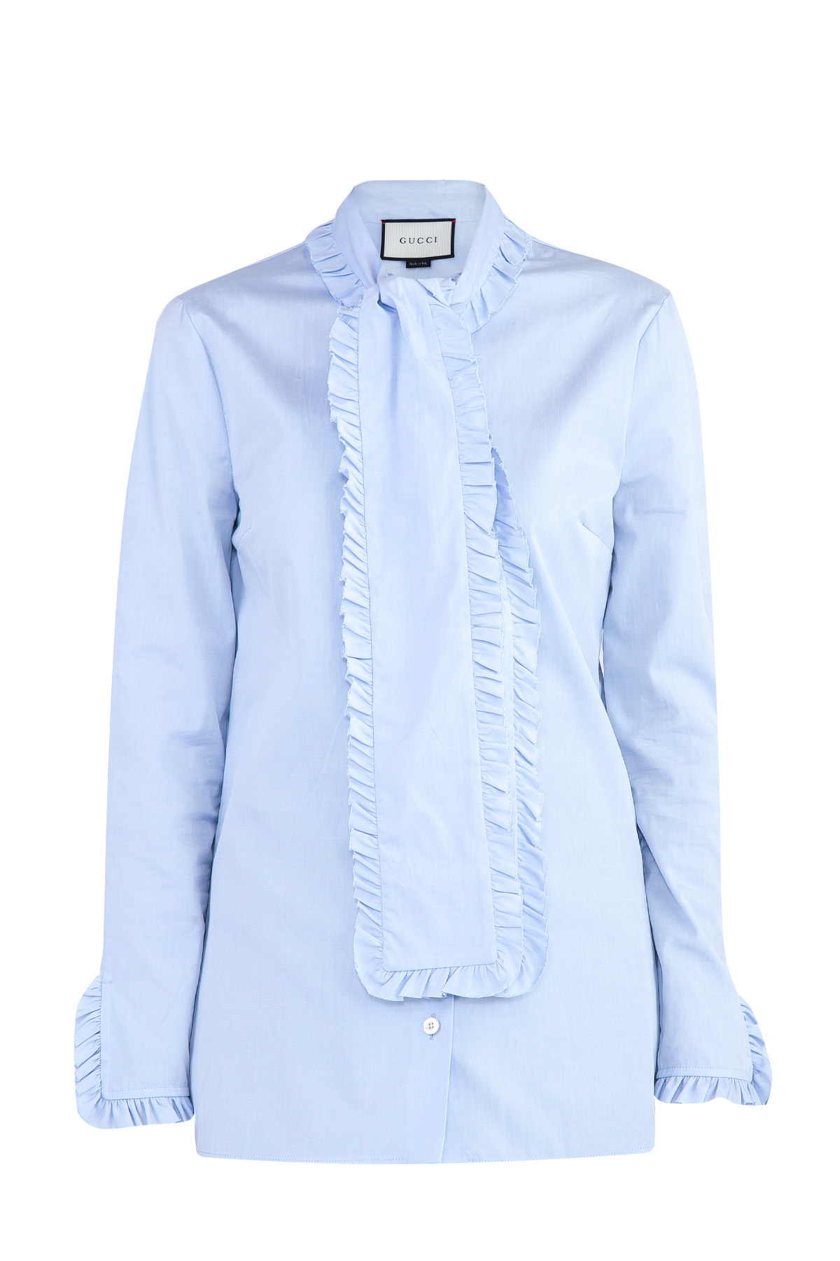 Блуза из хлопка с воротом-аскот и присборенной отделкой GUCCI, цвет голубой, размер 38;40;42