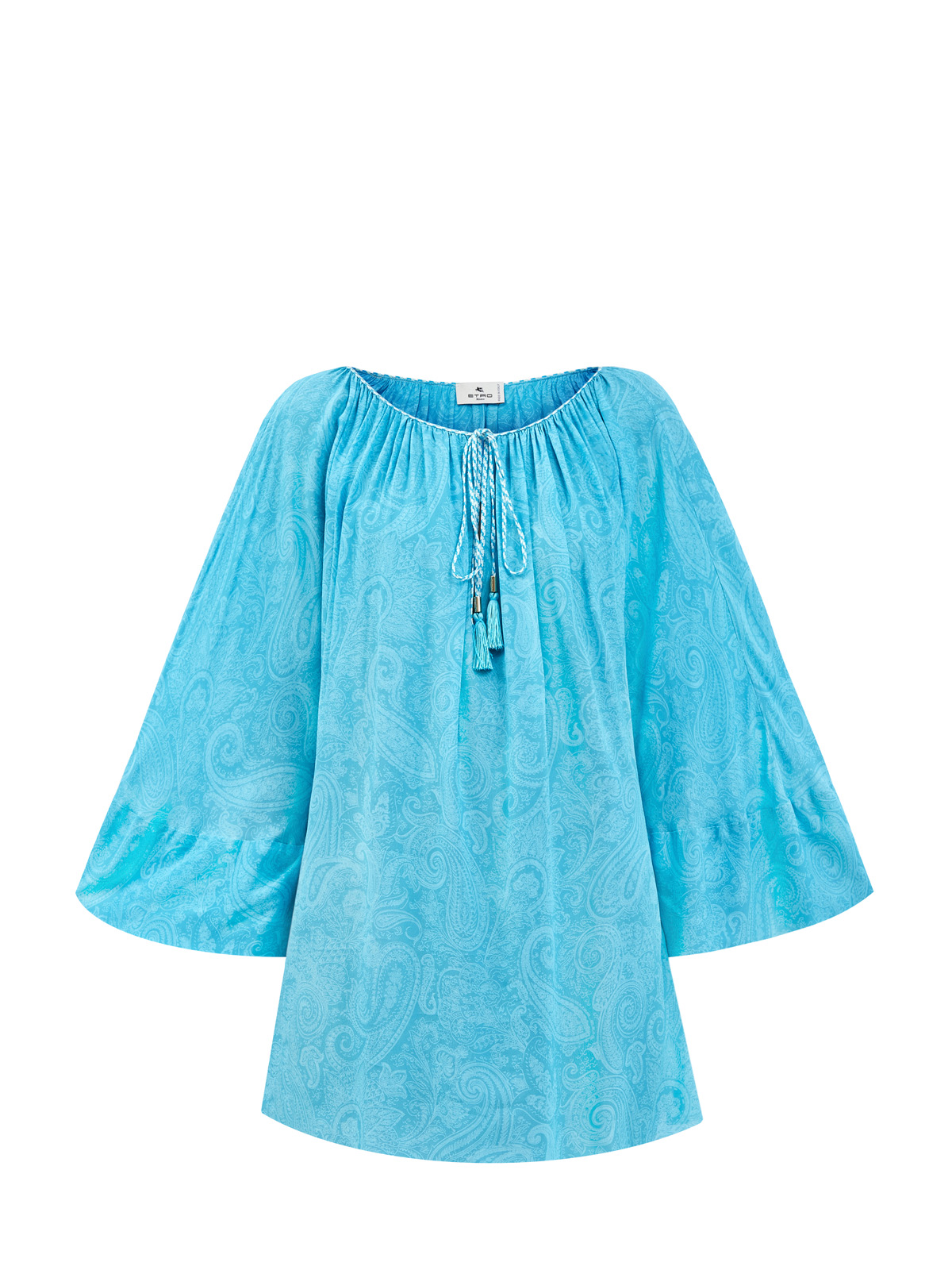 Легкая блуза с плетеными кисточками и принтом в тон ETRO голубого цвета