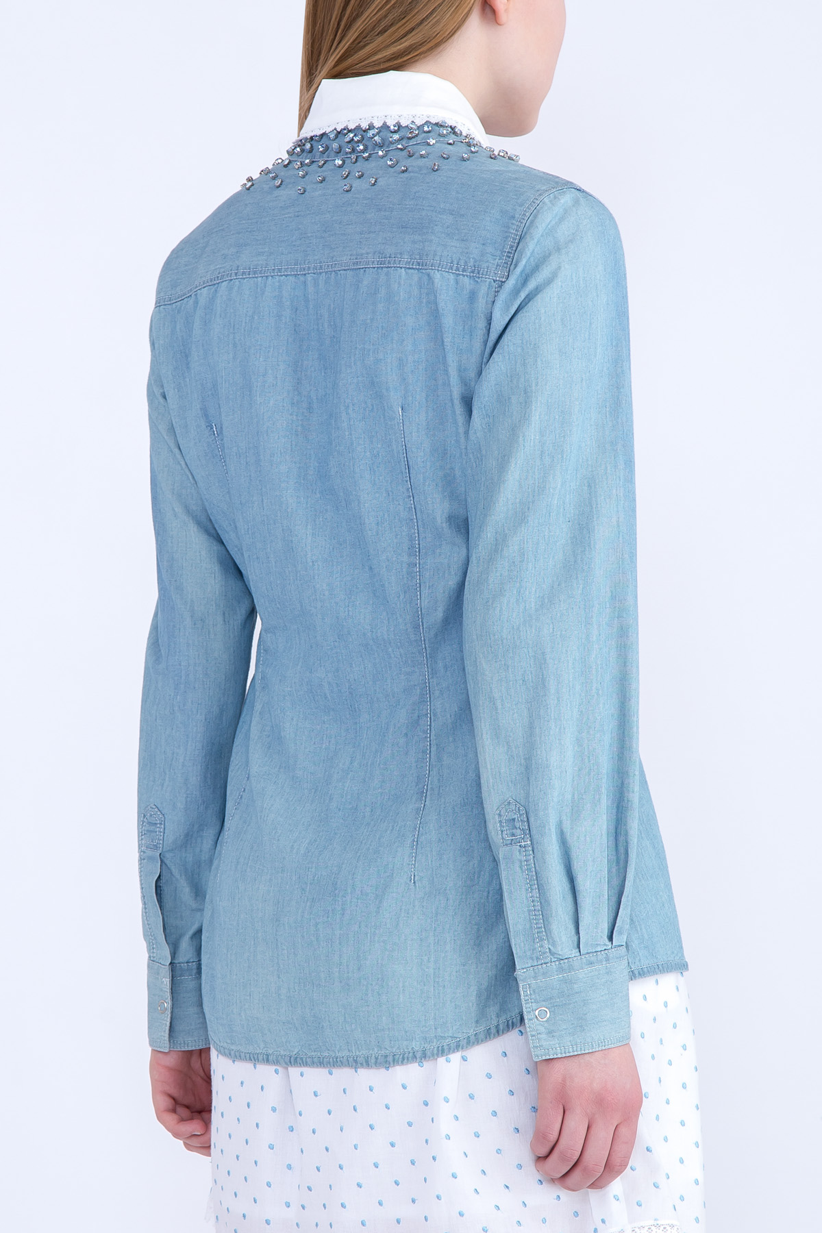 Рубашка из тонкого денима с воротом-стойкой и россыпью кристаллов ERMANNO SCERVINO, цвет голубой, размер 42 - фото 4