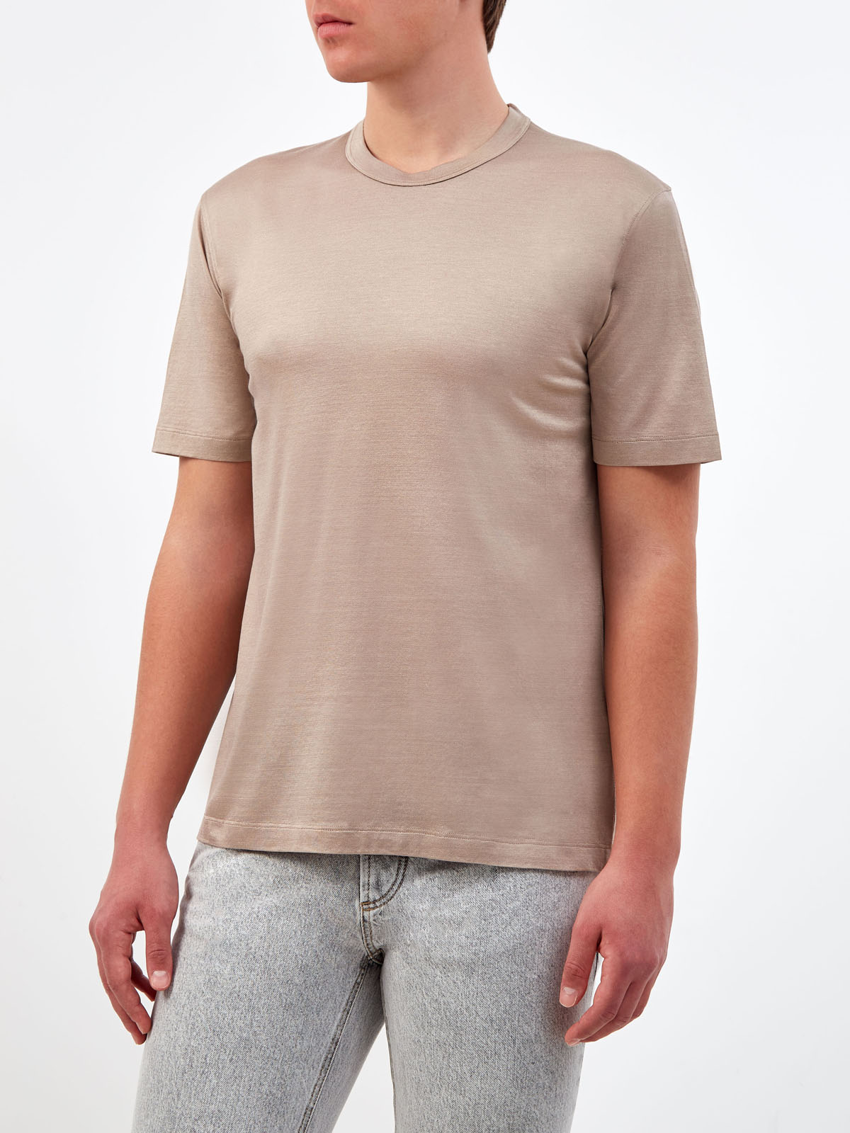 Однотонная футболка из гладкого шелка и хлопка CORTIGIANI, цвет бежевый, размер 50;52;54;56;58;60;62 - фото 3