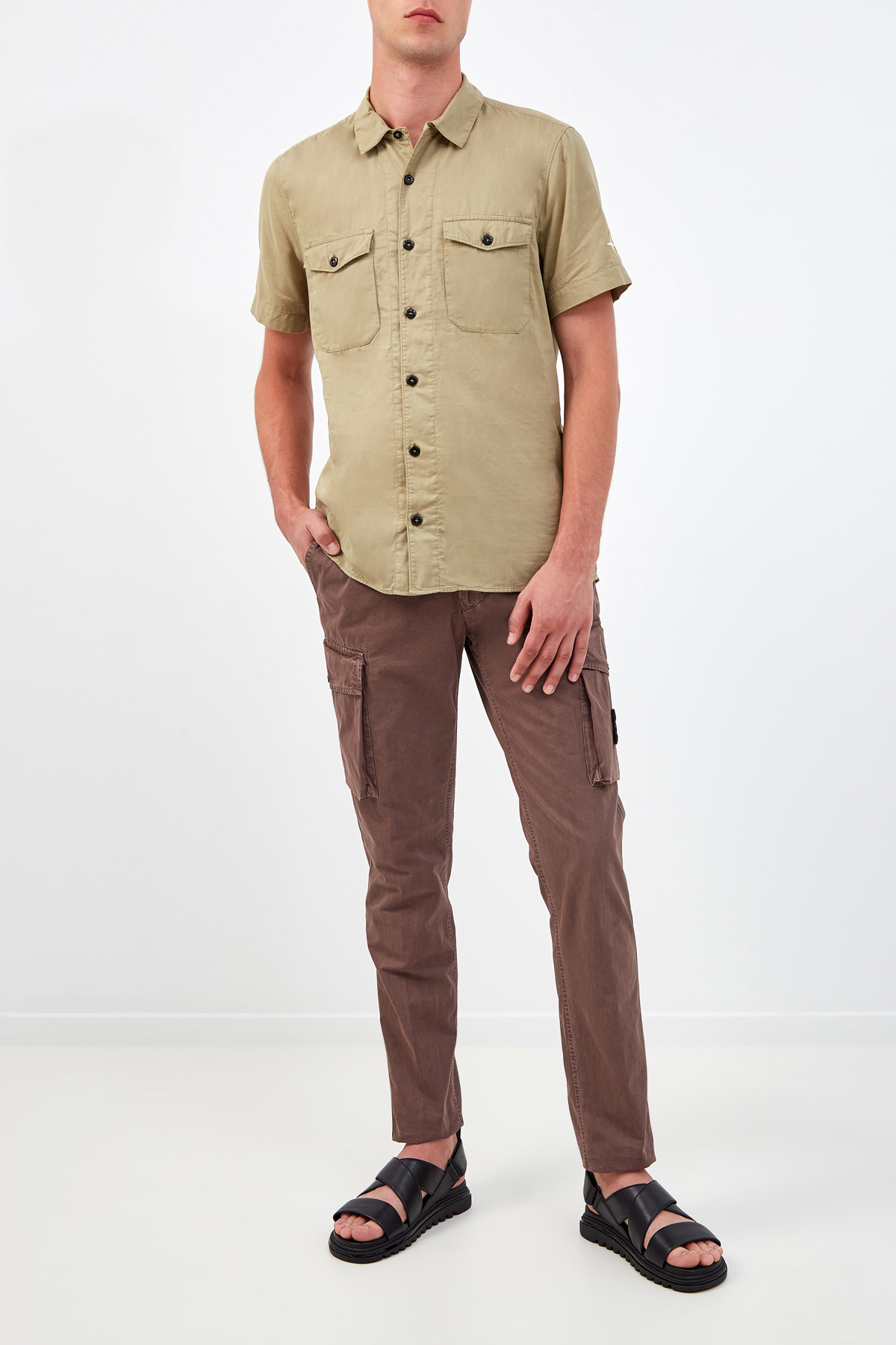 Хлопковая рубашка из легкого муслина с короткими рукавами STONE ISLAND, цвет бежевый, размер 50;48 - фото 2