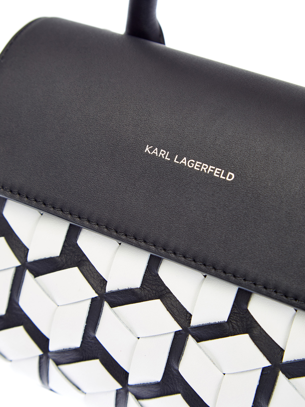 Кожаная сумка с контрастной отделкой в технике объемного плетения KARL LAGERFELD, цвет черно-белый, размер 5;6;7 - фото 6
