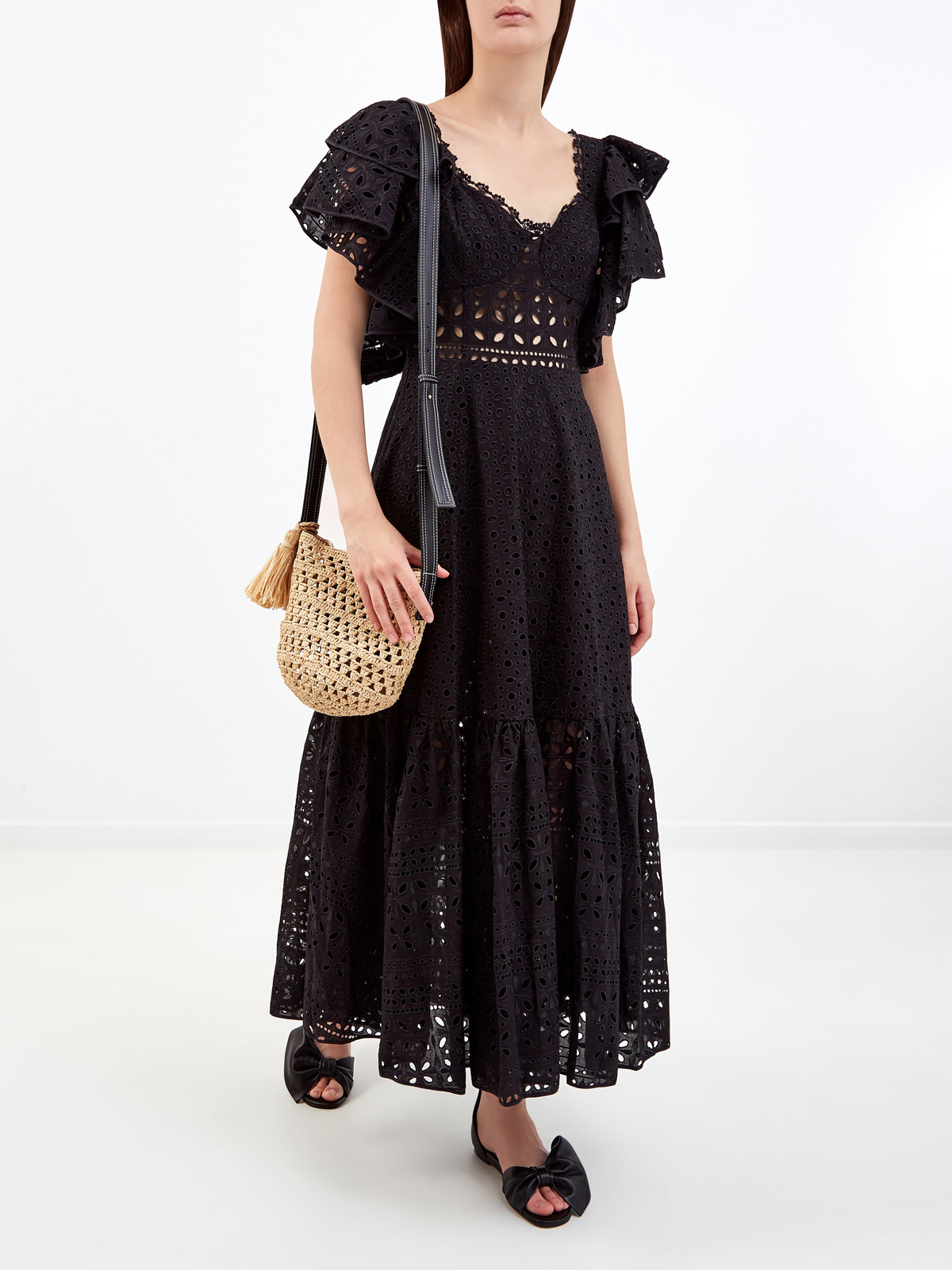 Кружевное платье-макси с широким поясом и оборками CHARO RUIZ IBIZA, цвет черный, размер S - фото 2
