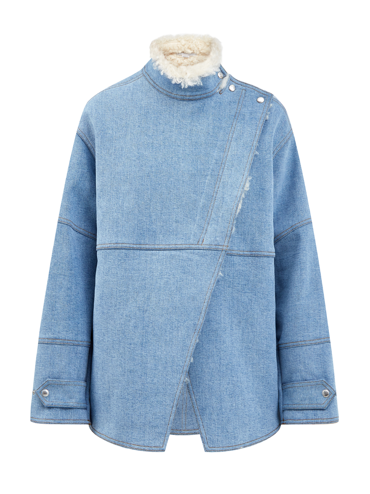 Асимметричная куртка из денима и эко-меха Fur Free Fur STELLA McCARTNEY, цвет голубой, размер 38;42;36
