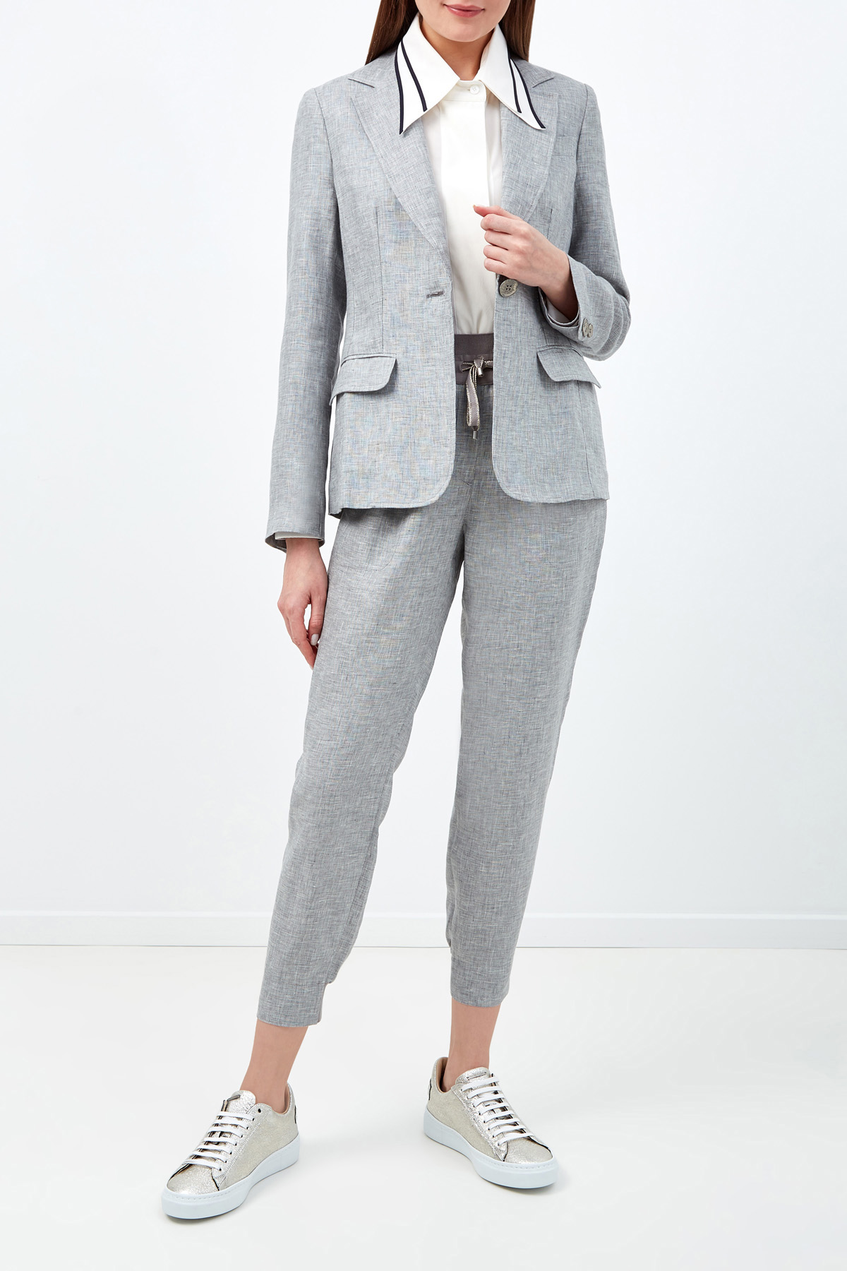 Льняные брюки с отделкой из фирменного джерси LORENA ANTONIAZZI, цвет серый, размер 38 - фото 2
