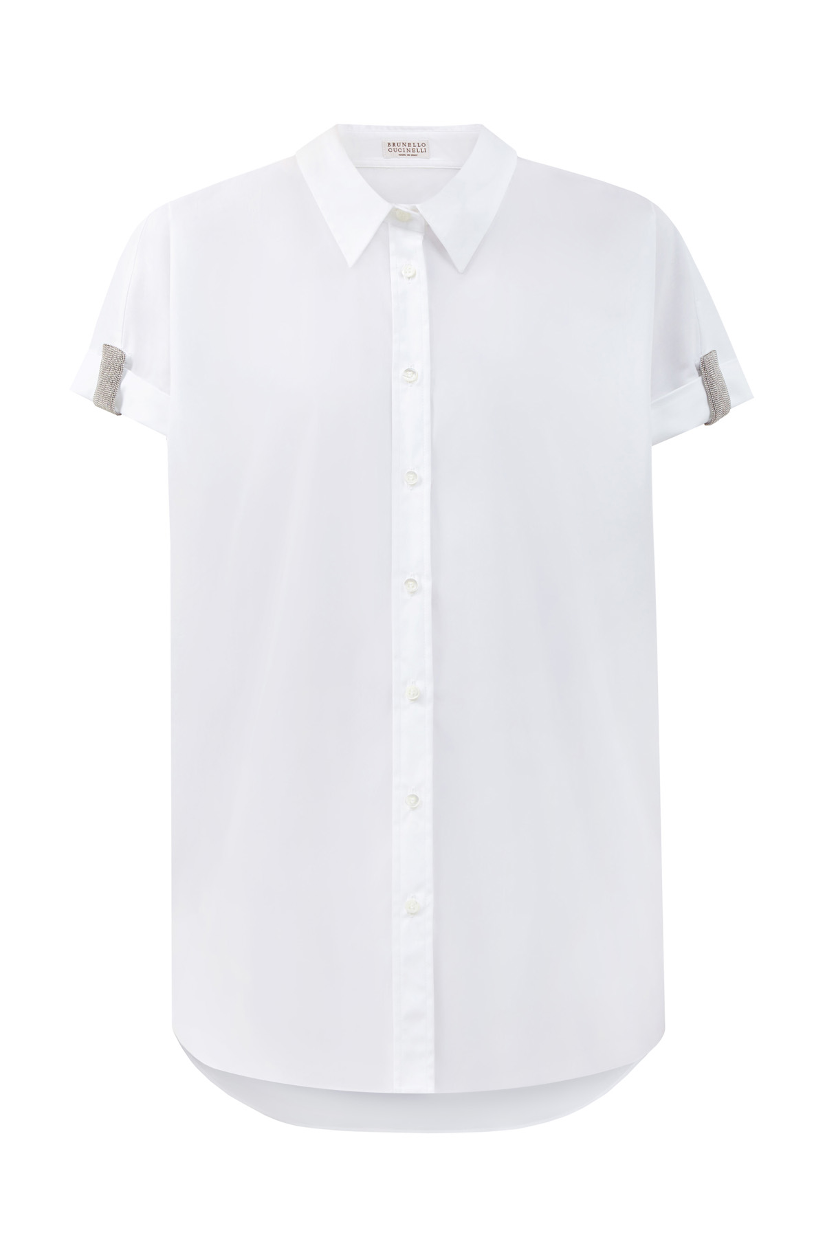 Рубашка из хлопка с мерцающей вышивкой на рукавах BRUNELLO CUCINELLI, цвет белый, размер 48