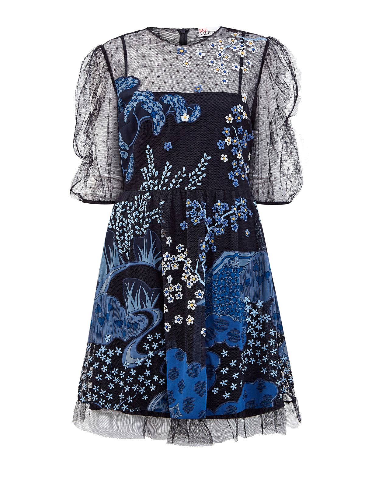 Легкое платье из тюля с мотивом Asian Toile de Jouy REDVALENTINO, цвет черный, размер M;S - фото 1