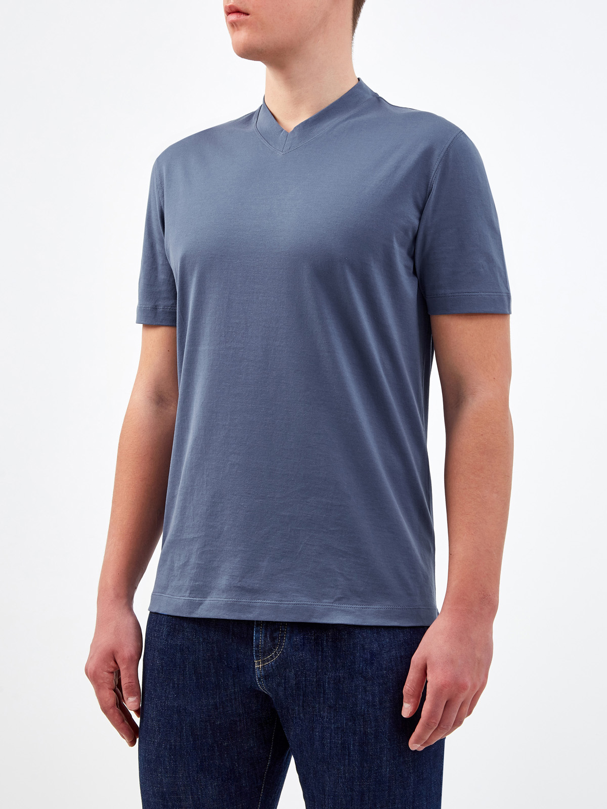 Однотонная футболка из джерси с  V-образным вырезом BRUNELLO CUCINELLI, цвет синий, размер 52;54;58;60;48 - фото 3
